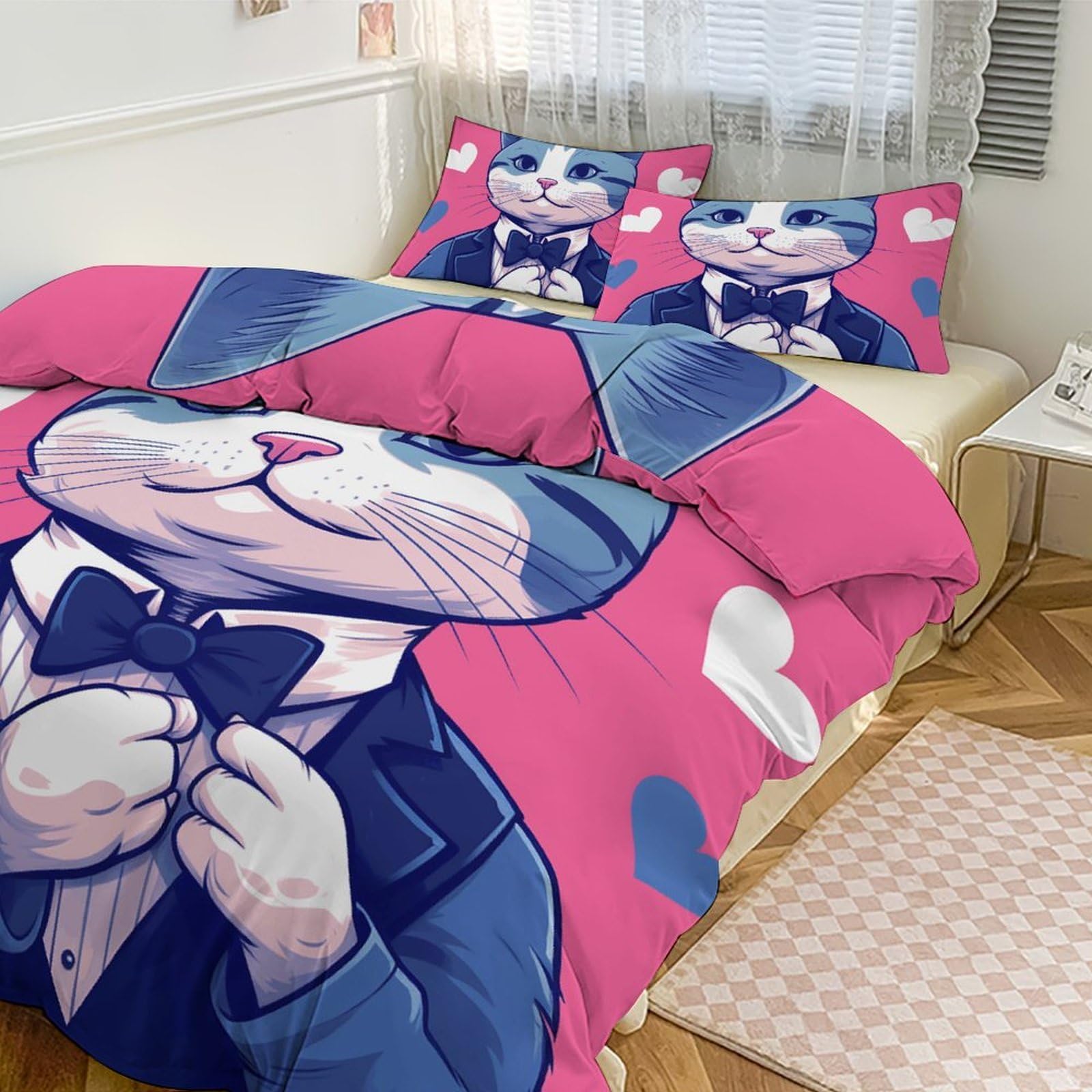 Housse de couette pour grand lit anti-plis parure chat douce