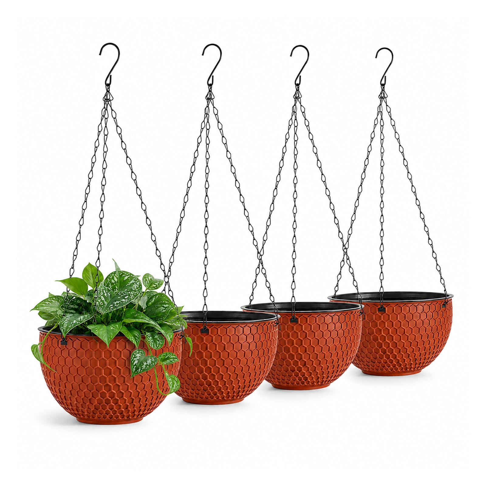 BLOMZA 4 Pack Hanging Basket Planters, Plastic Flower Pots with Drainage for Garden (Red)