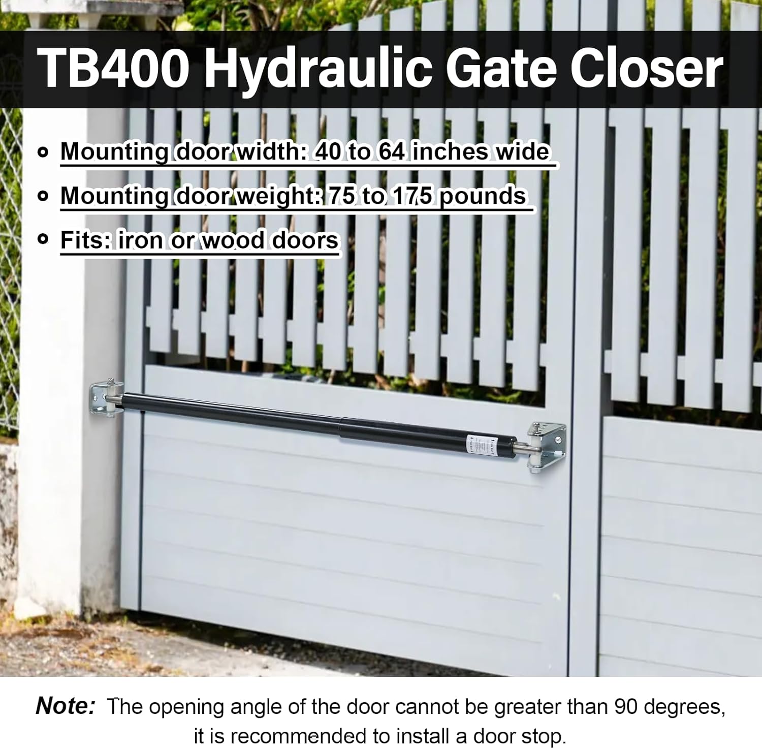 TB400 Hydraulic Outdoor Gate Closer for 75 to 175 lb, Width 40 to 64 Inches. Gates on Farms, Ranches, Gardens, Sports Complexes and Home Yards, Black, Opening Pressure 6 to 12 Pounds