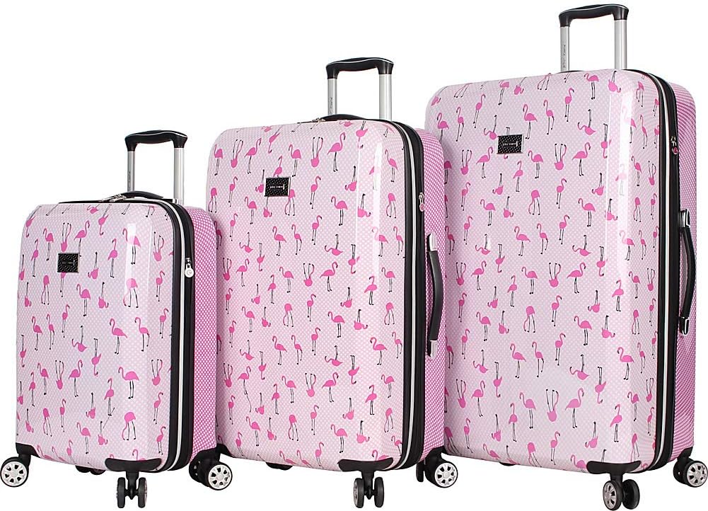 'Betsey Johnson Luggage Hardside 3 Piece Set Suitcase with Spinner Wheels (20'' 26'' 30'') (One Size, Flamingo Strut)'