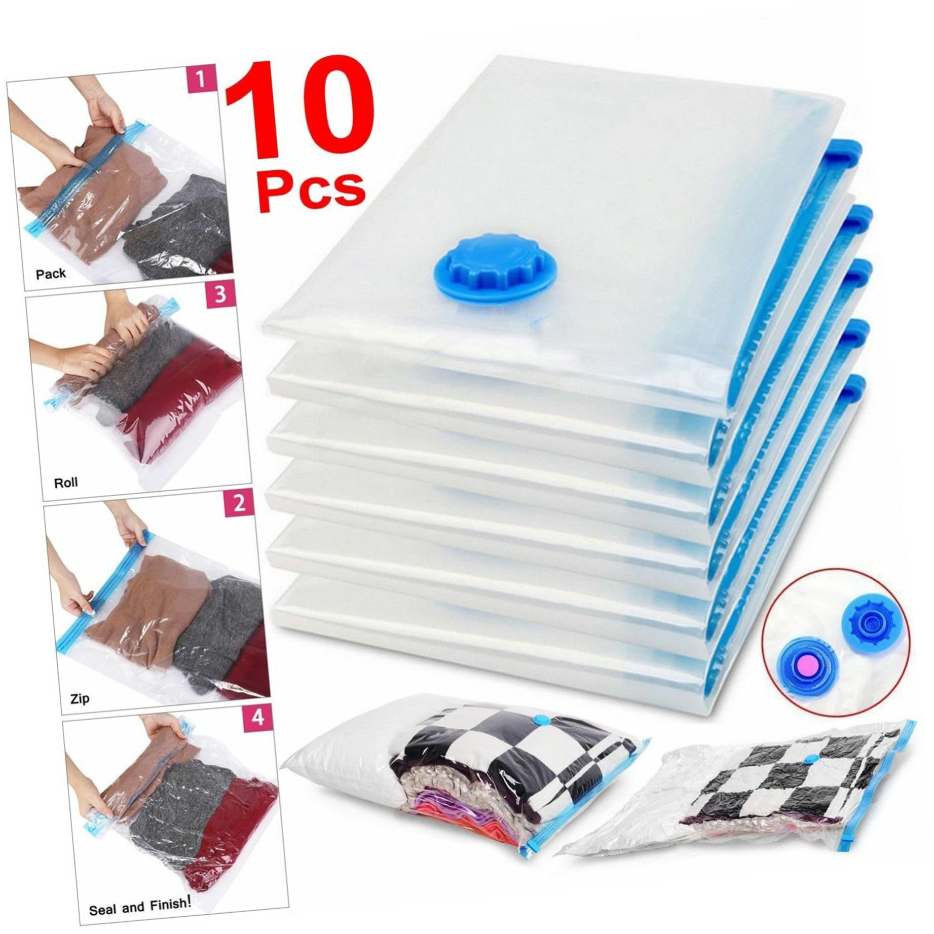 10piezas Bolsa de Compresión para Ropa Edredones Bolsas de Almacenamiento al Vacío Organizadores Plegables para Ahorrar Espacio