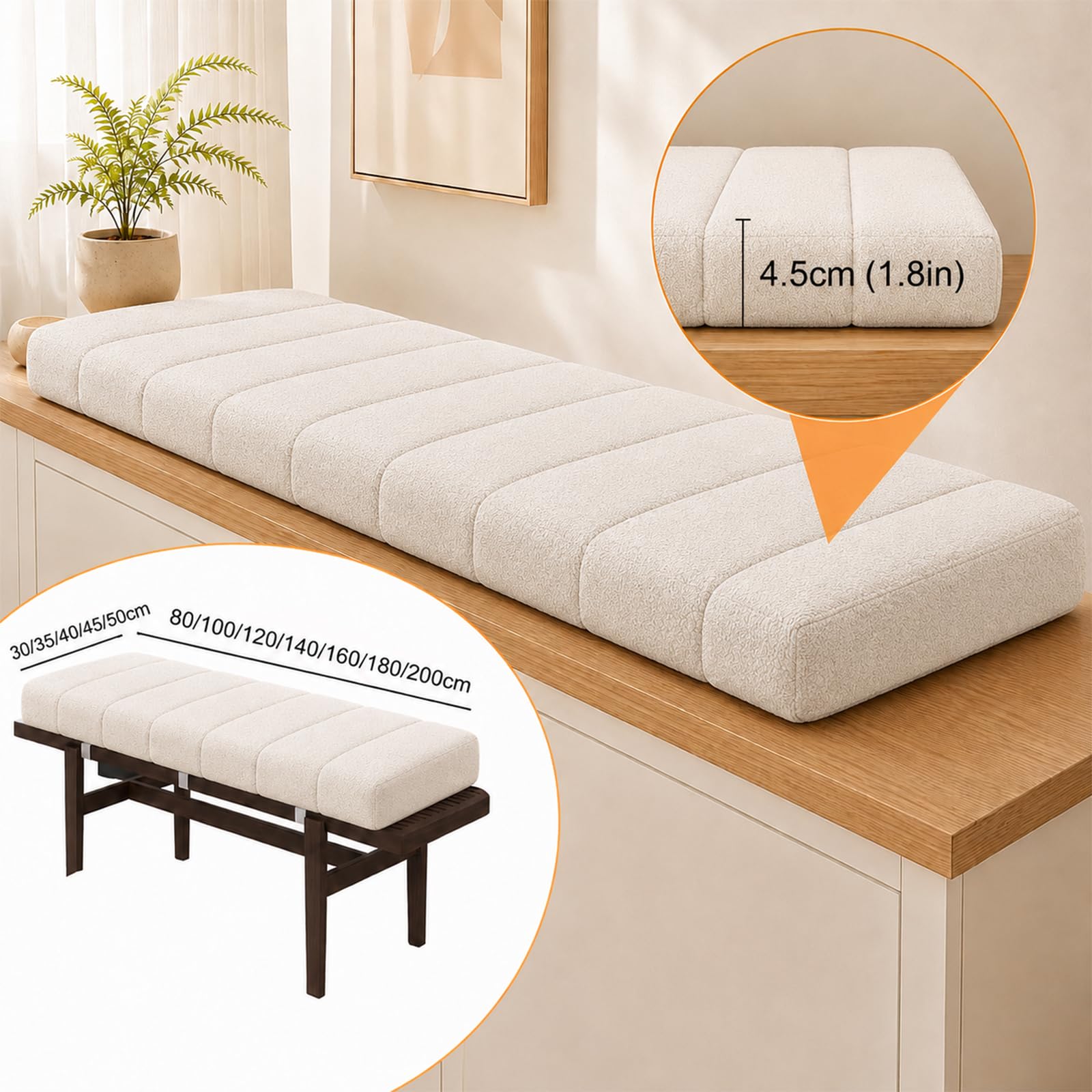 RZYW Coussin pour Banc Intérieure 120x40 100x40 80x40 160x40 40x40,4,5cm D'épaisseur Coussin De Banquette Déhoussable Antidérapant pour Les Baies Vitrées,Fauteuils,Terrasses,Beige,40x160cm