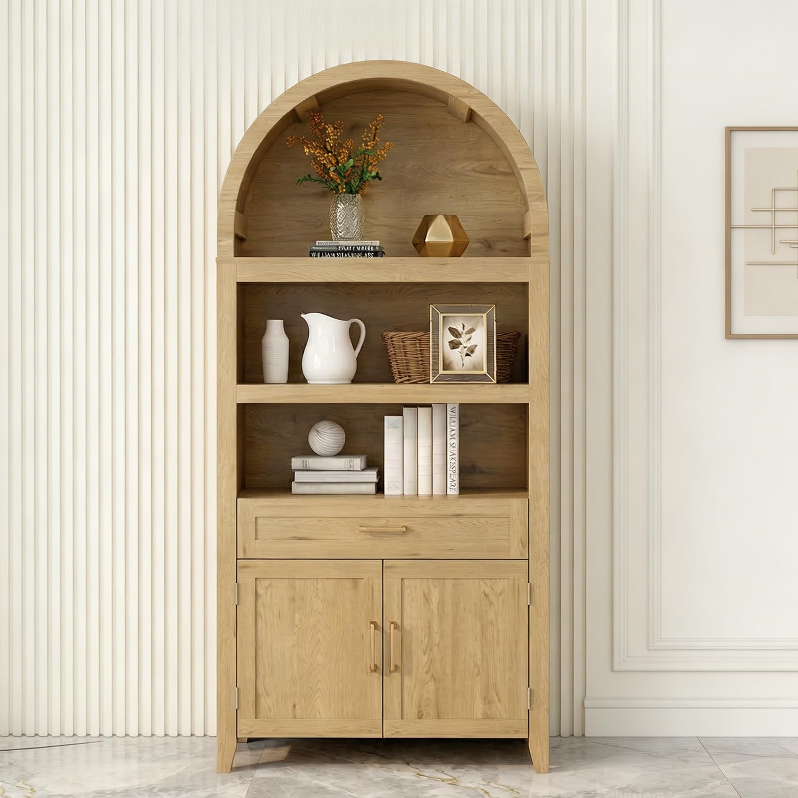 Librería Grande con Diseño en Arco, Librería Estantería con 3 Compartimentos Abiertos, Cajones y Puertas, Estantería Salón Multiusos para Salón, Cocina y Oficina | Estantería de madera, armario de vitrina para sala de estar, cocina, estudio