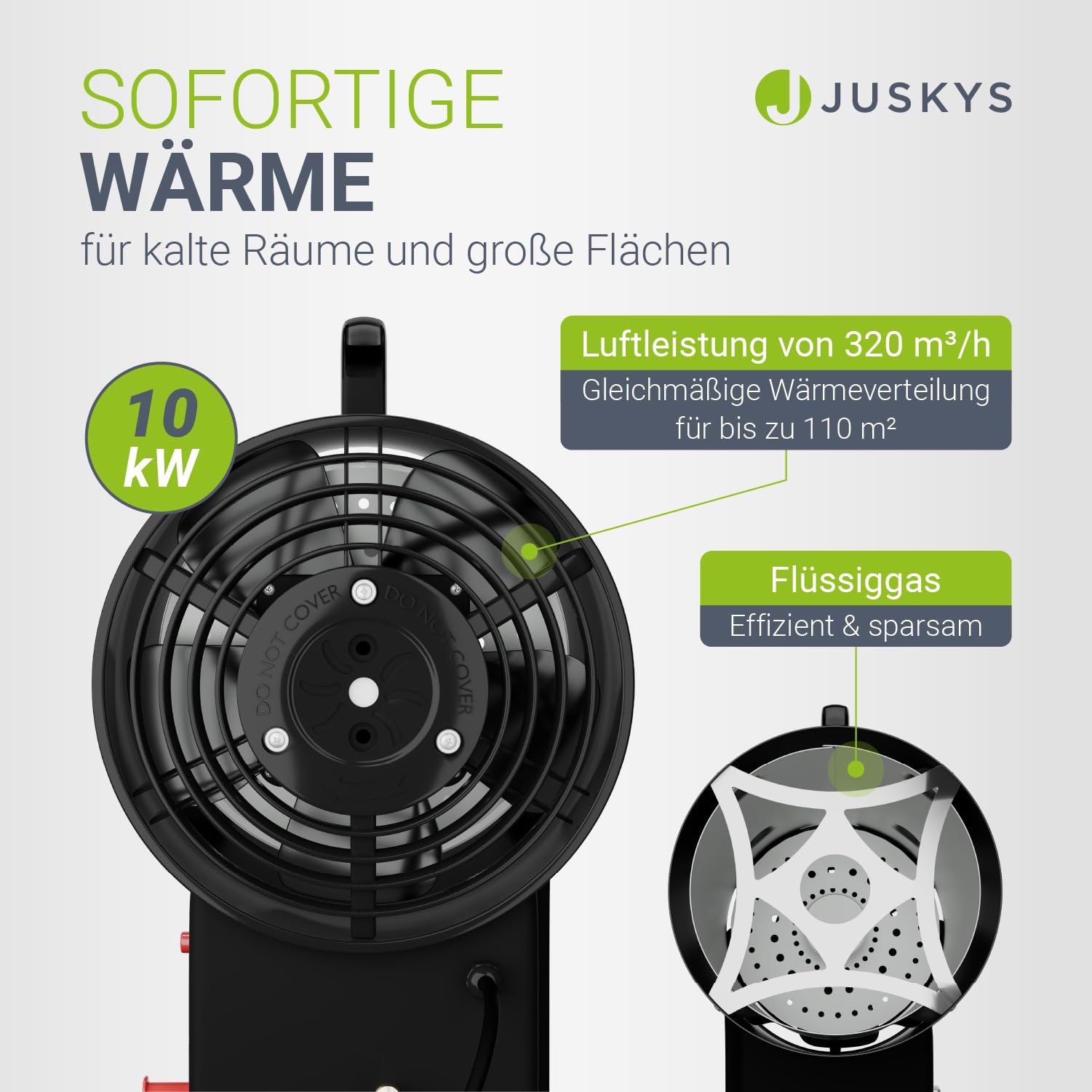 Juskys Gasheizgebläse – mobiler Gasheizer 10 kW mit Piezozündung, Heißluftgenerator, leichtes Stahl-Gehäuse, für Outdoor & Werkstatt - Schwarz