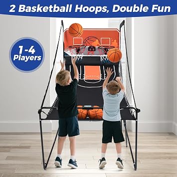 COSTWAY Foldable Basketball Arcade Game, Dual Shot Electronic Basketball Game with 8 Modes, 4 Balls and LED Scoreboard, Indoor Basketball Hoop for Kids, Adults (Red)
