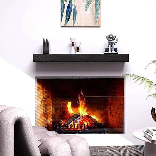 Miniatura 4 de SAUMONIERES Estantes para chimenea de madera maciza de 48 pulgadas, para montar en la pared, estantes flotantes largos, huecos, color negro