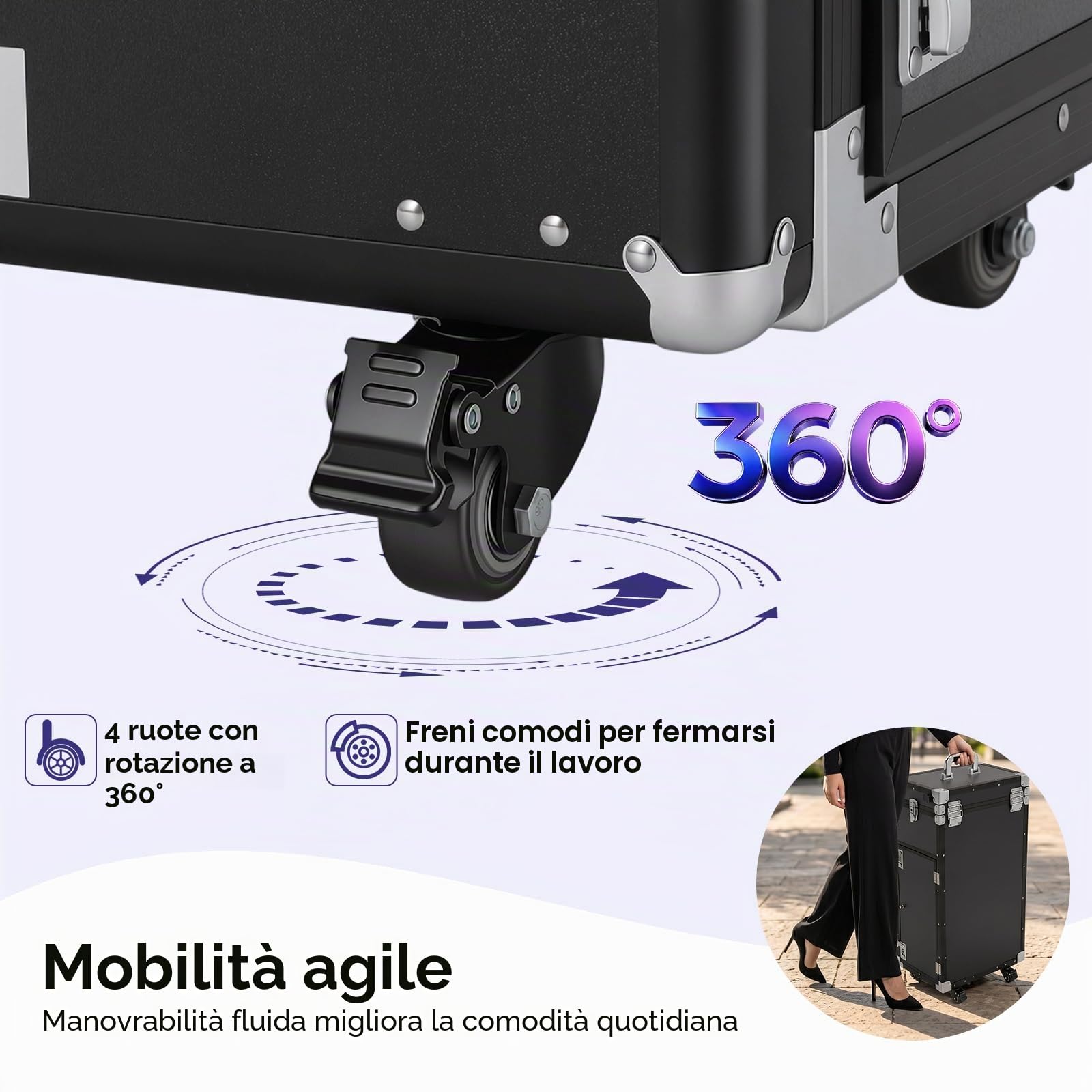 Valigetta per trucco professionale con ruote con tavolo pieghevole e 5 cassetti, custodia per trucco con specchi e altoparlanti Bluetooth, grande custodia per parrucchiere, tavolo per manicure, Nero