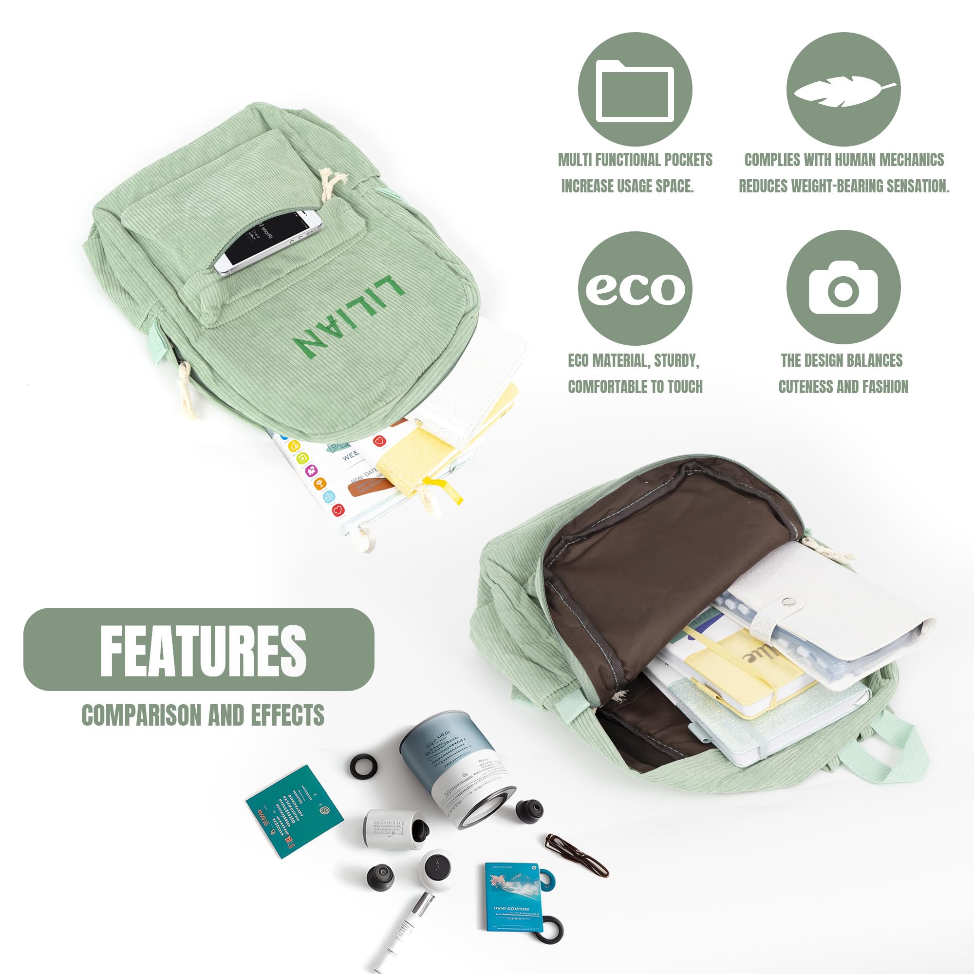 MT WORLD Corduroy Backpack Personalized College Backpack with Name Travel Backpack Purse School Backpack Laptop Large Capacity Backpacks College Shoulder Bag (Green)