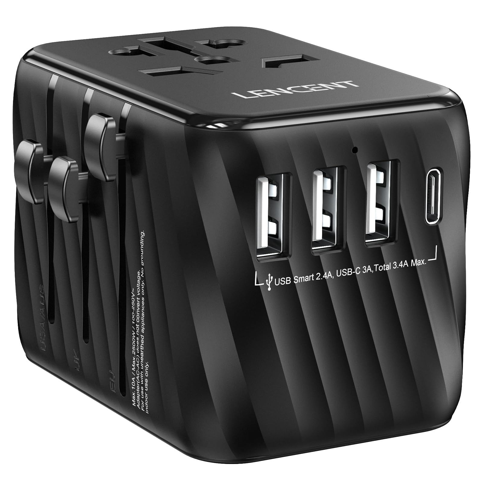 LENCENT Universal Travel Power Adapter, International AC Plug Adaptor with 3 USB A Ports 1 Type C PD Wall Charger Worldwide Travel Essentials for US to EU UK Ireland Australia (Type C/G/A/I) Black