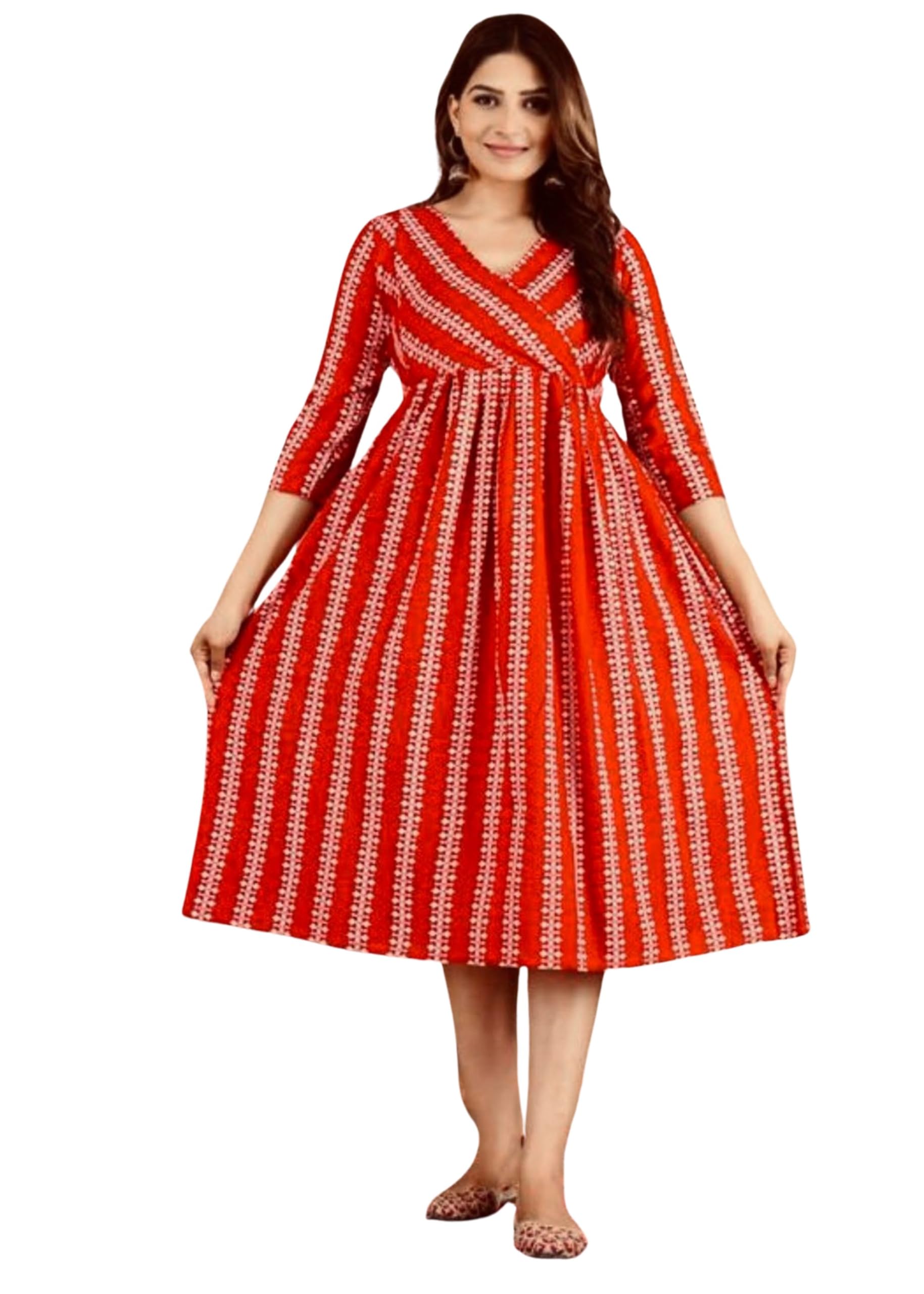 khejal Women's Rayon Printed Pre and Post Pregnancy Long Anarkali Maternity Kurta Dress with Side Zippers (Red-M)-picture-34