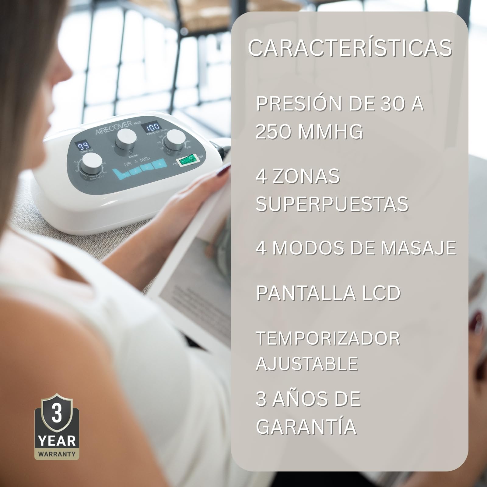 Presoterapia para Casa, para Piernas y Pies Cansados, 4 Cámaras Superpuestas, Favorece la Circulación y el Drenaje Linfático, Fácil de Usar, Eficacia Avanzada (Dispositivo, Perneras, Faja y Brazo)