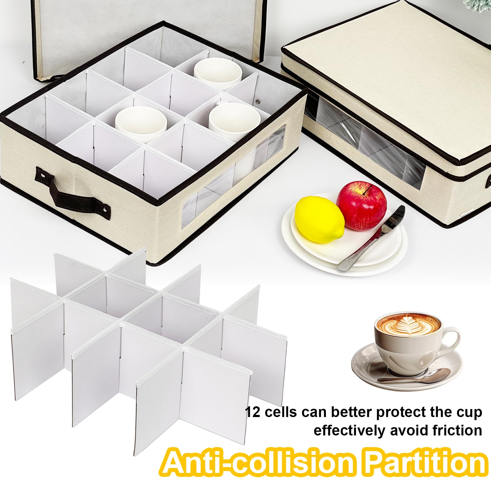 homyfort Lot de 2 boîtes de rangement pour tasses avec séparateurs, boîtes de rangement pour tasses en porcelaine à coque rigide avec compartiments pour 24 tasses à thé et tasses à café (beige)