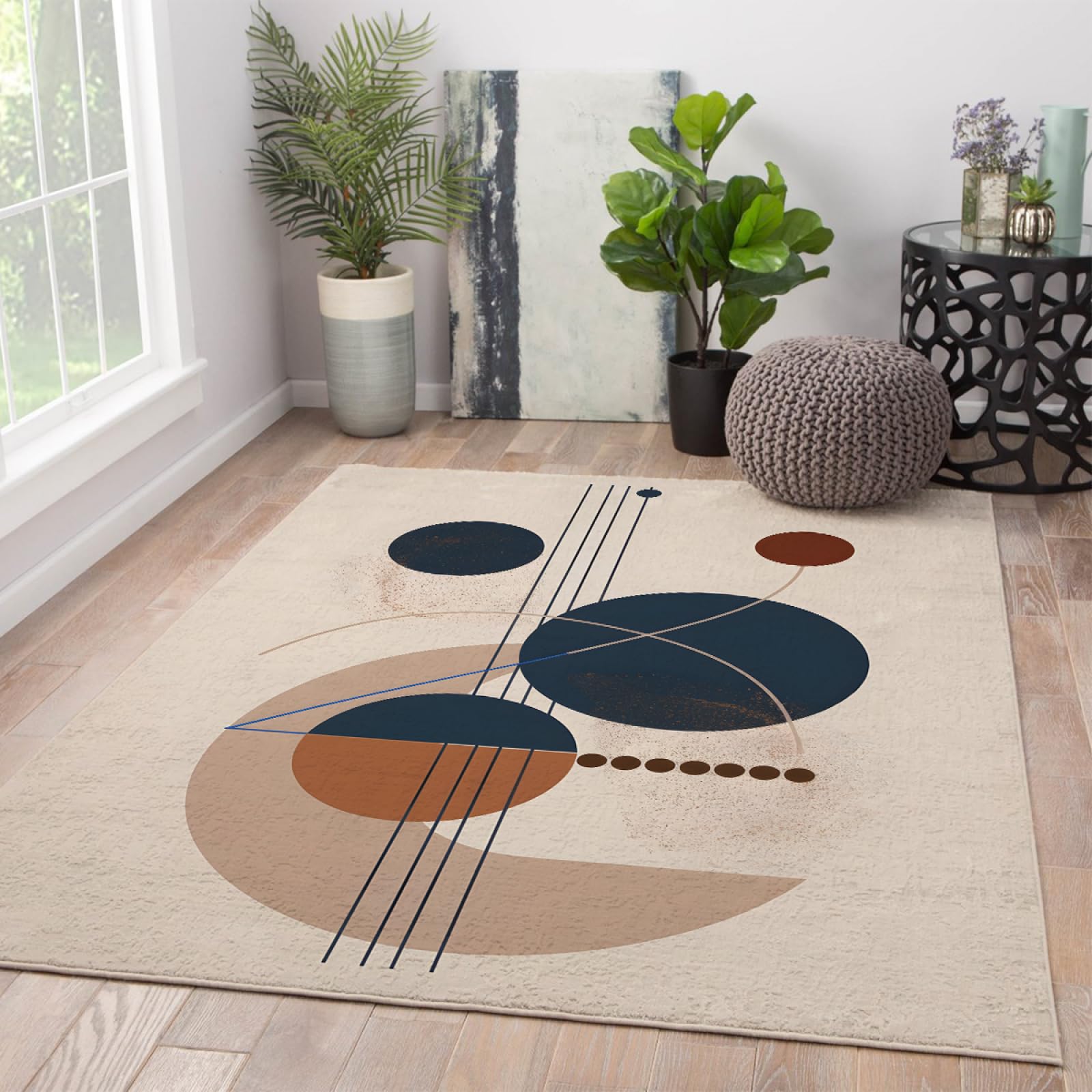 Beżowe dywaniki do salonu, okrągłe linie, geometryczny dywan do jadalni, ultracienki, można prać w pralce, dywanik kuchenny z gumowym spodem, 150 x 200 cm