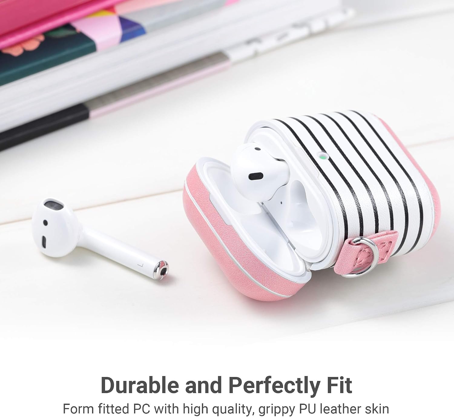 ULAK AirPods Case, Cute Stripe Protective Hard PC with PU Leather Upgrade Skin, Portable Shockproof AirPod Accessories with Keychain for 2019 Apple AirPod 2 & 1 Charging Case[LED Visible](Pink Stripe)