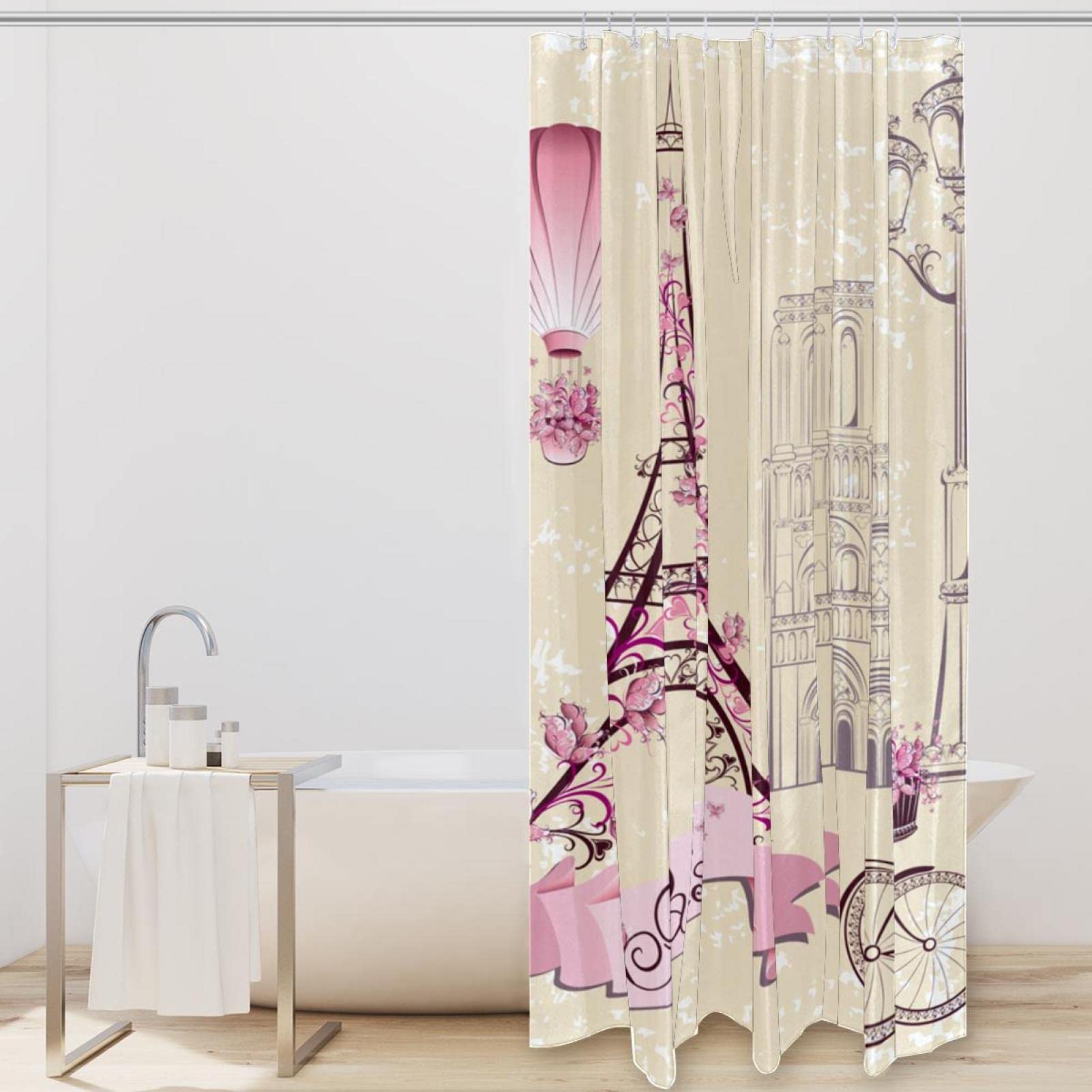Tenda da doccia Torre Eiffel, parigi romantico floreale resistente alla muffa lavabile tenda da bagno tessuto impermeabile tenda da bagno con ganci in plastica (Parigi, 198 cm di lunghezza