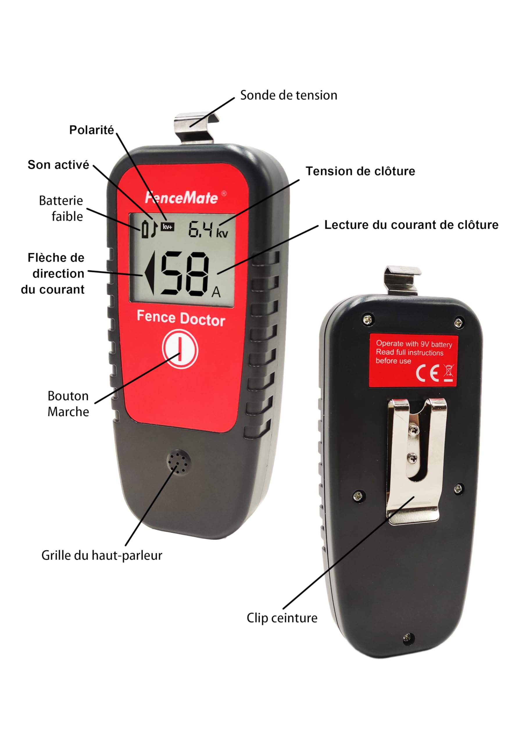 FenceMate Testeur de tension clôture électrique digital, plage jusqu'à 19,900 V, détecteur de défauts, diagnostic du courant (ampère) et de la direction du flux, pile 9 V, clip de ceinture