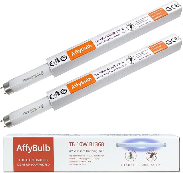 AffyBulb T8 10W Fly Killer Bulbs 2 Pack, 13" UV BL368 Replacement Tube for 20W Insect Killer/Bug Zapper