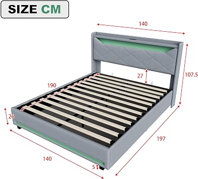 Double Bed Frame with Storage,4ft6 Double Bed with LED Lights,Grey