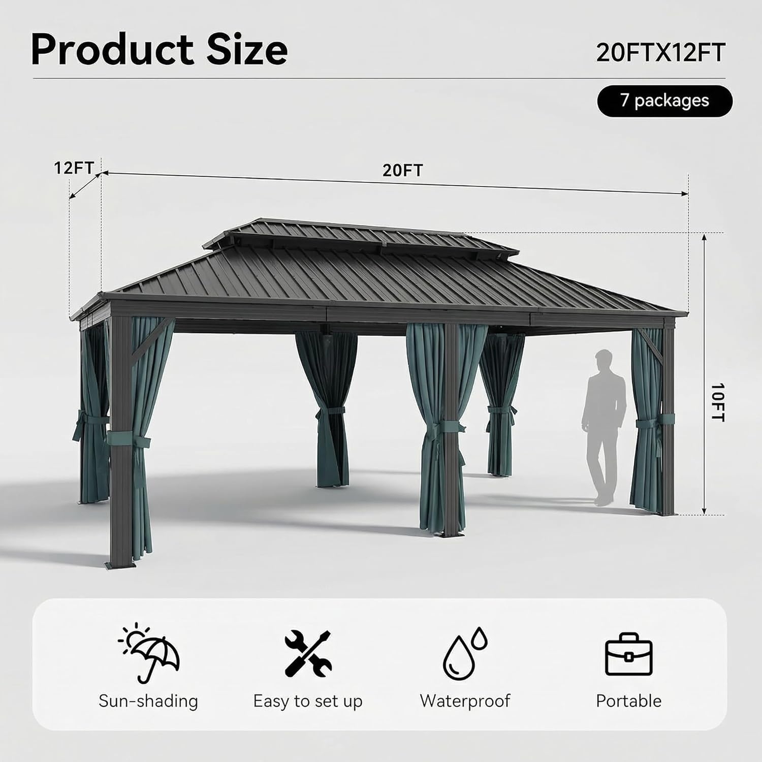 HOTEEL Gazebo 12x20 on Clearance with Metal Roof, Heavy Duty Hardtop Gazebo with Flame-Retardant Curtain & Netting, Outdoor Gazebos with Galvanized Steel Double Roof for Party,Patio Black