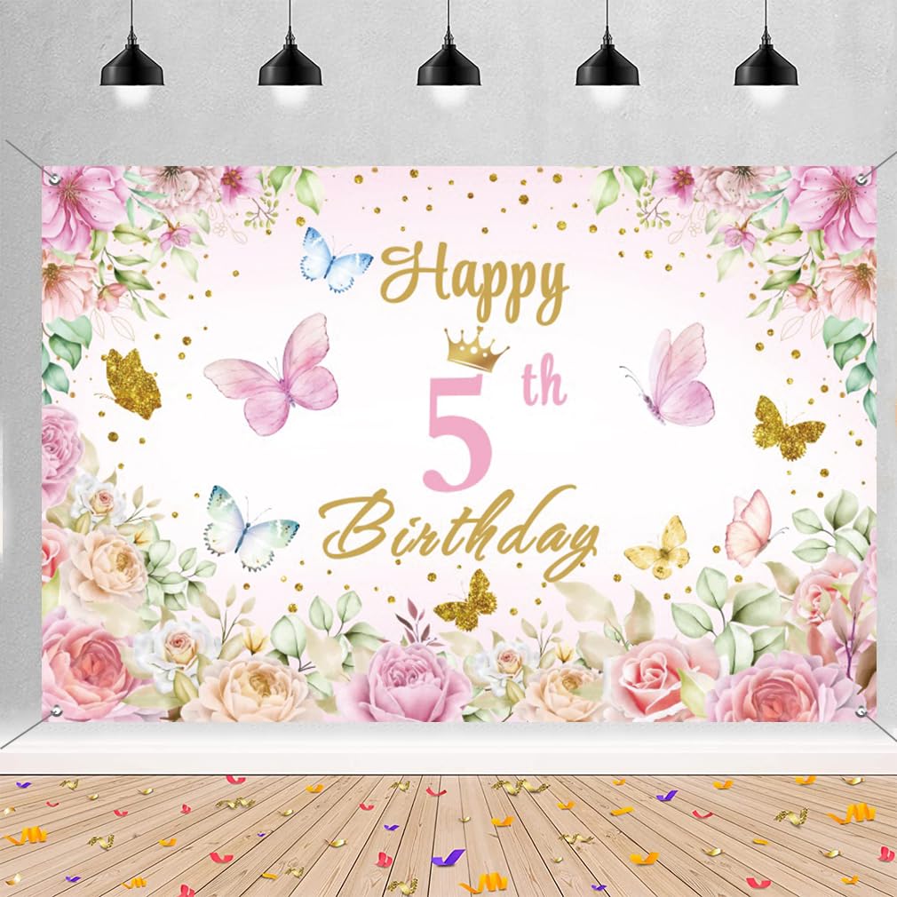 5th Birthday Decoration for Girls, Happy 5th Birth day Banner Fabric Sign Poster Flower, 5 Years Old Birthday Party Background Banner Wall Door Decoration Welcome Sign, 150 cm x 90 cm