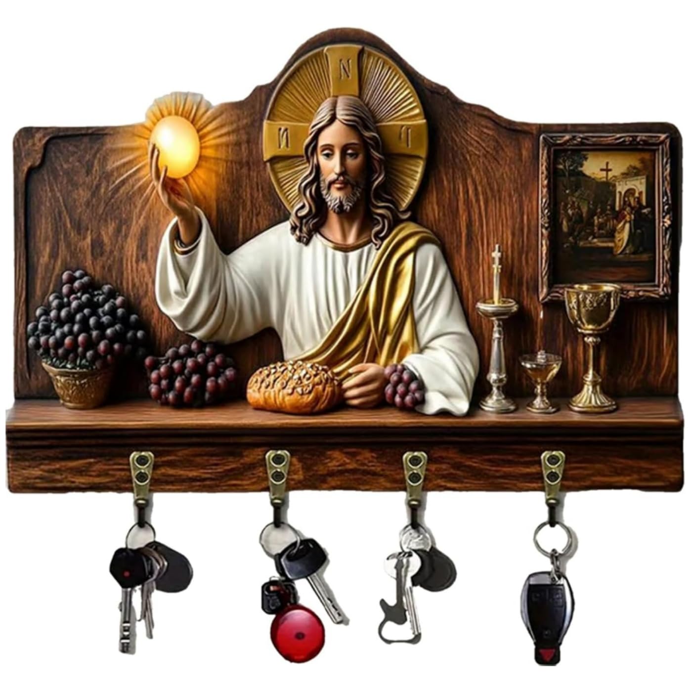 2D Flat Jesus Communion Wall Art Keychain Holder with 4 Hooks, Christian Autumn Wall Mounted Key Rack, Wooden Multifunctional Home Key Holder for Housewarming Gifts,Friends,Family