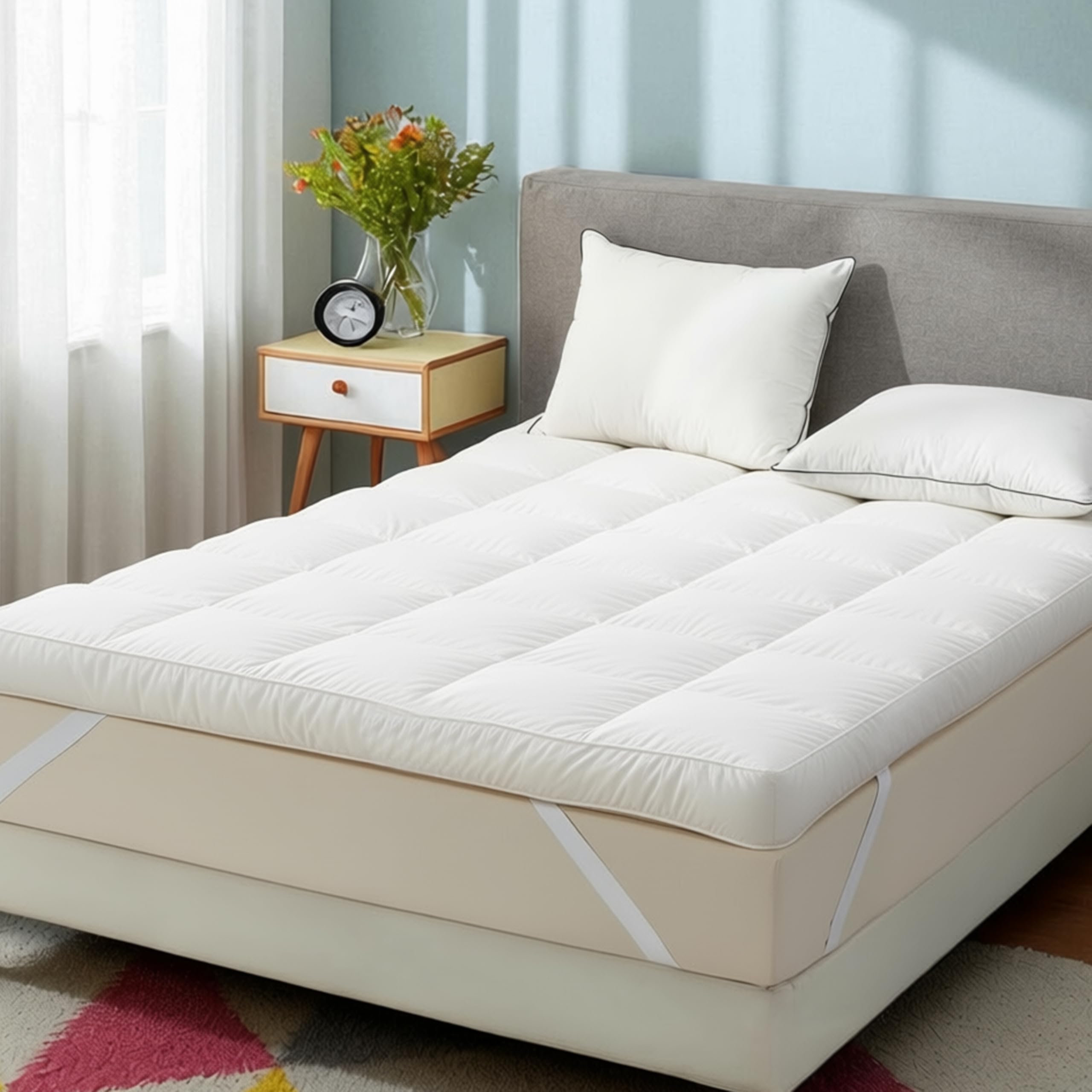 Luxtrous White Mattress Topper Double Bed 12.5Cm Premium Filled 85% Goose Feather And 15% Down Quilted Extra Deep Ultra Fluffy And Breathable Strong Elastic Bands Fit Up To 40Cm(Double)