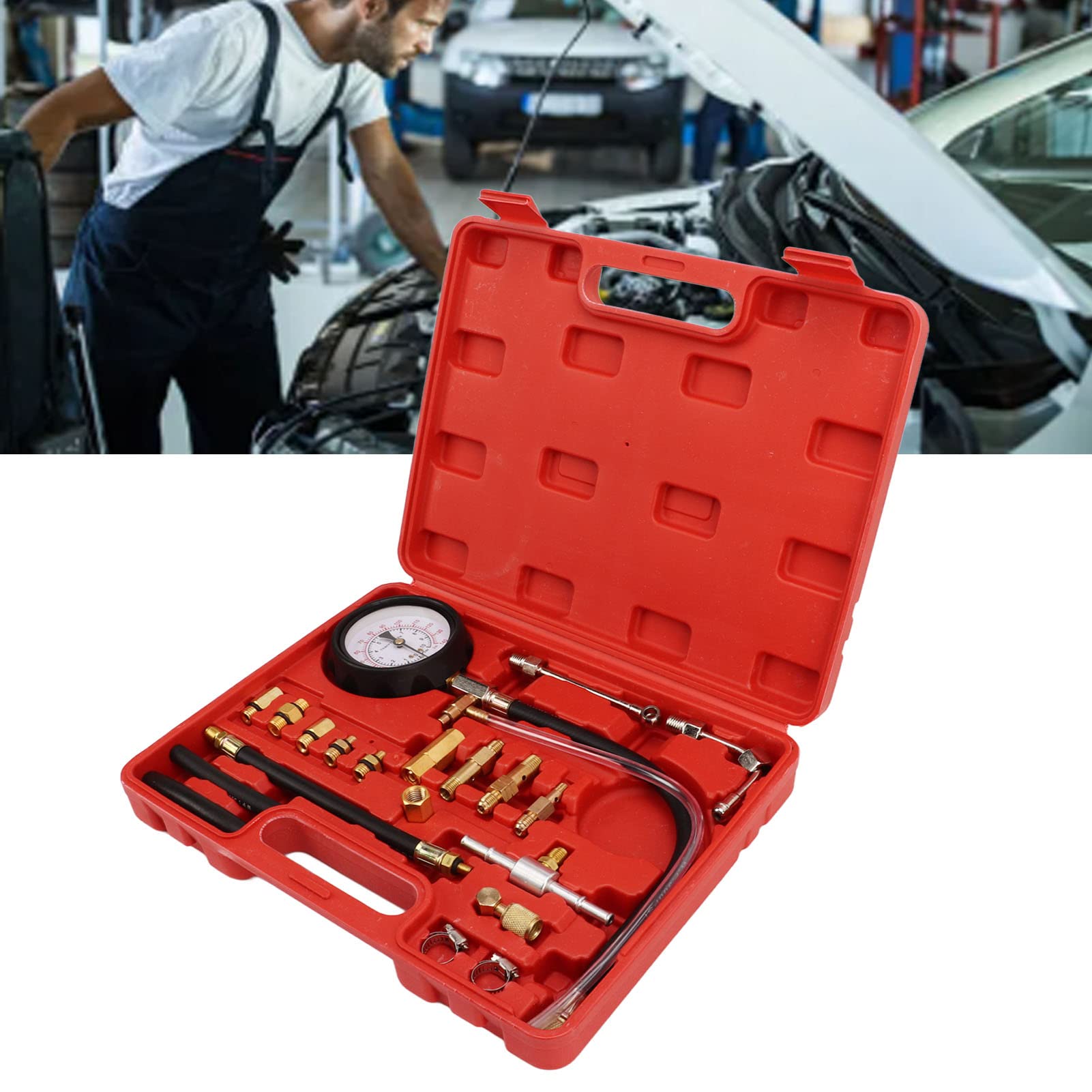 Brrnoo Kit Tester Pressione Iniezione Carburante con Adattatori Strumento Diagnostico Automobilistico da 0 a 140PSI per Motori a Benzina