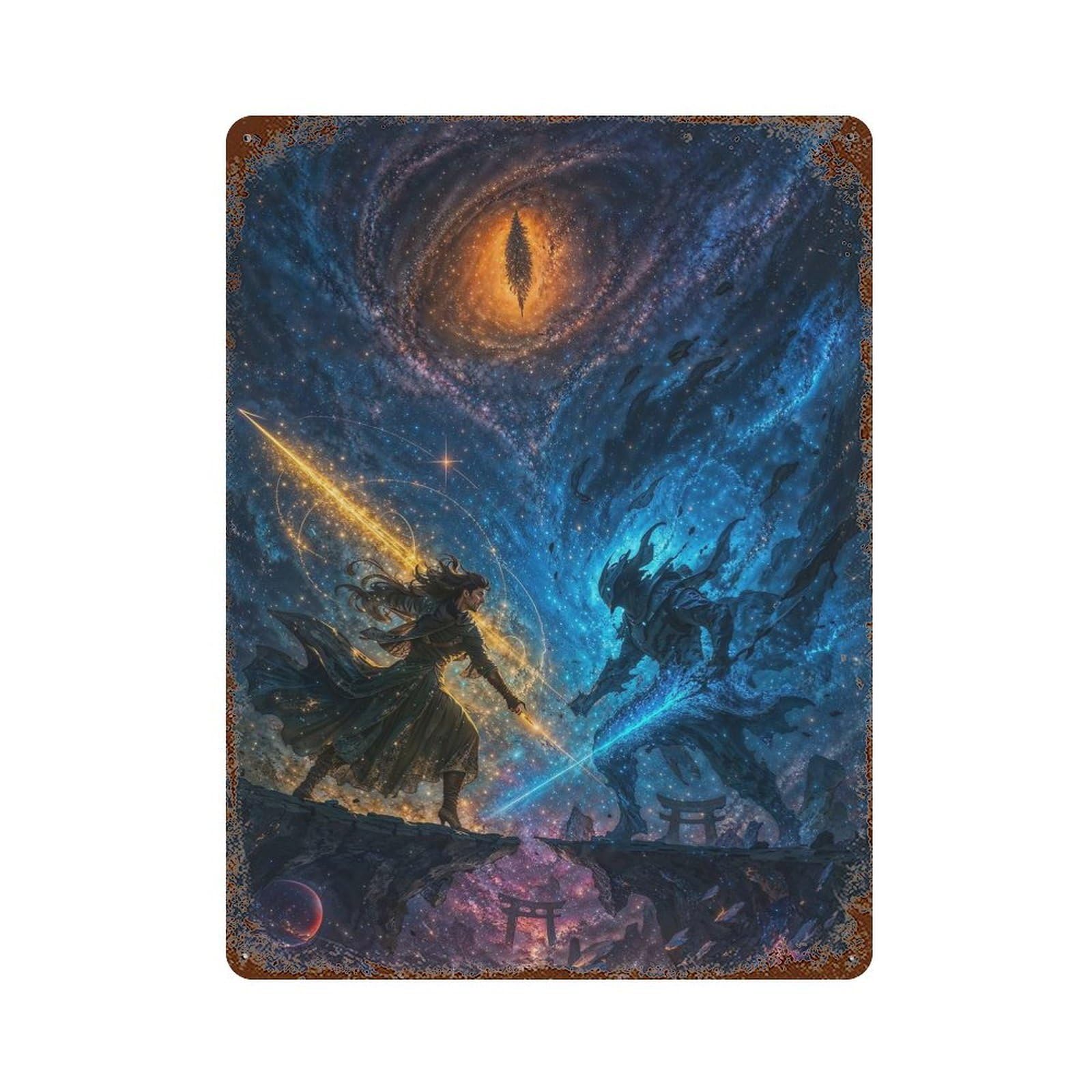 Rust Effect Tin Sign Epic Battle Under Cosmic Eye 15.7"x11.8", Vintage Wall Decor for Living Room, Hallway And Home Decor