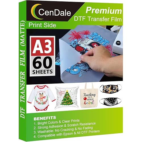 CenDale DTF Transfer Film - A3 (11.7" x 16.5") 60 Sheets Double-Sided Matte Clear PreTreat Sheets- PET Film Sheets DTF for DIY Direct Print on T-Shirts Textile
