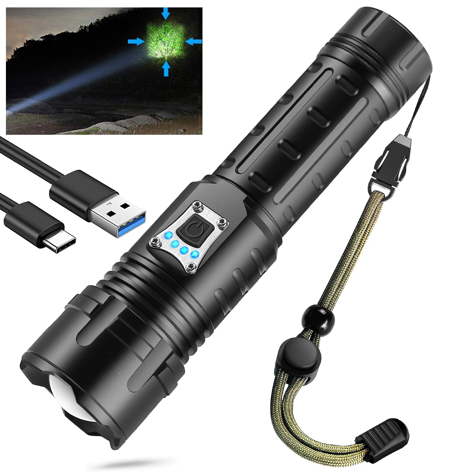 ASORT Torches Led Super Bright Rechargeable,12000 High Lumens XHP90 Torch,5 Modes Zoomable Type-C Fast Charging Tactical Flashlight,IP67 Powerful Handheld Flash Light for Camping Hiking Emergency