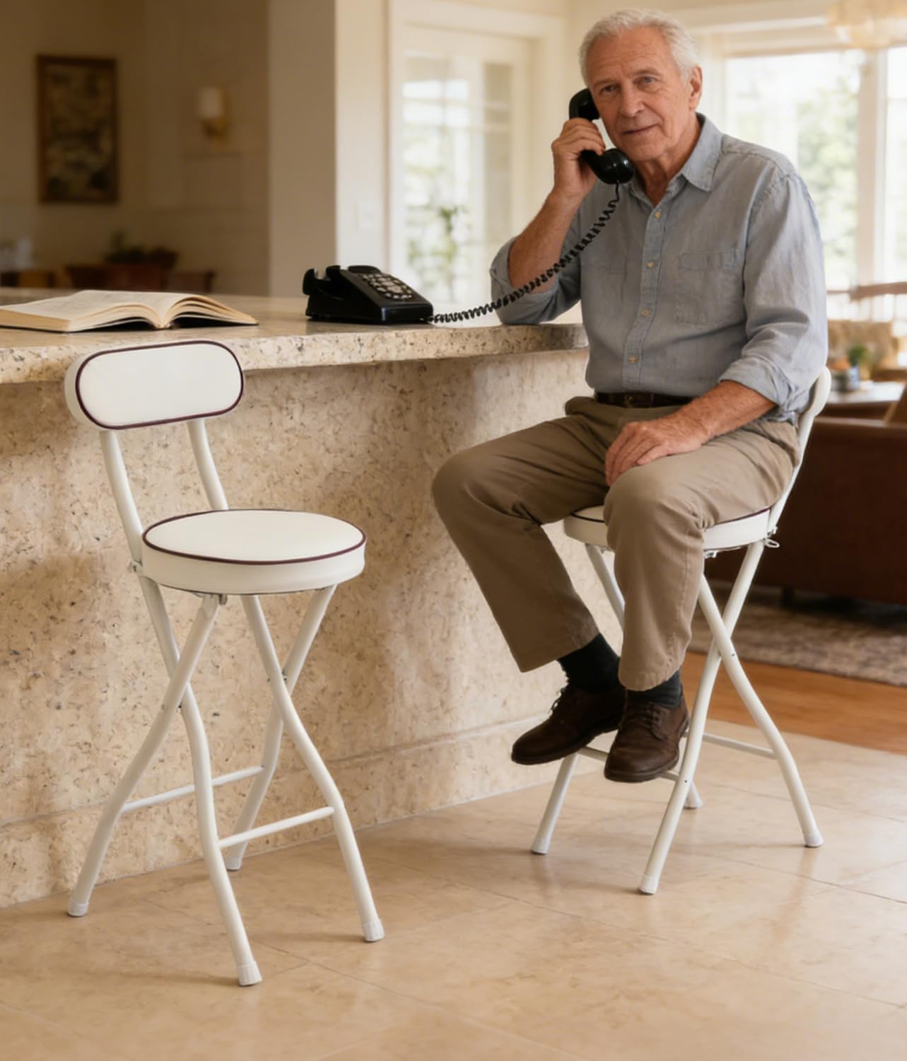 Set of 2-Folding Bar Stool Chair with Back, White Tall Foldable Chair Leather Padded Counter Height Collapsible Stool for Adults Kitchen Island Guitar Shop Cafe