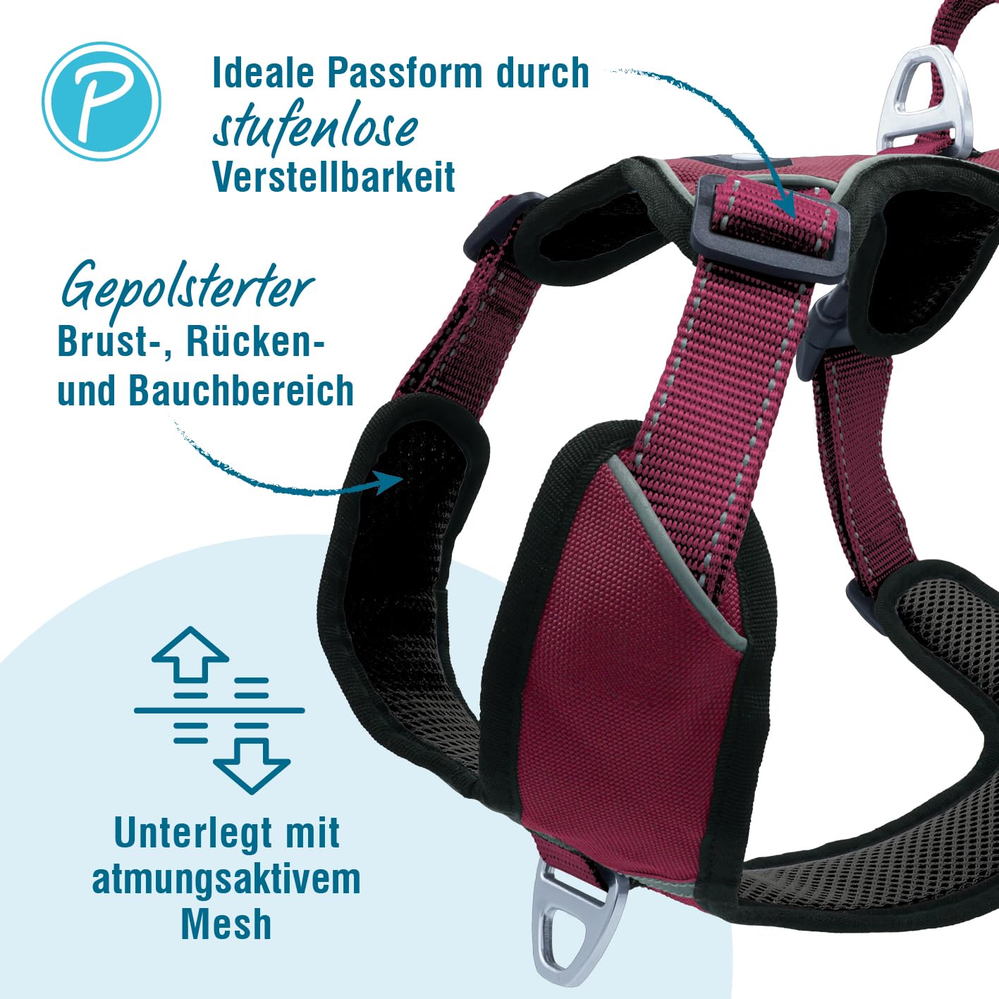 Petlando Hundegeschirr Outdoor – stark reflektierend, gepolstert, atmungsaktiv, robust, stufenlos verstellbar, Zwei D-Ringe – Berry, S (Halsumfang 36-48cm, Brustumfang 46-56cm)