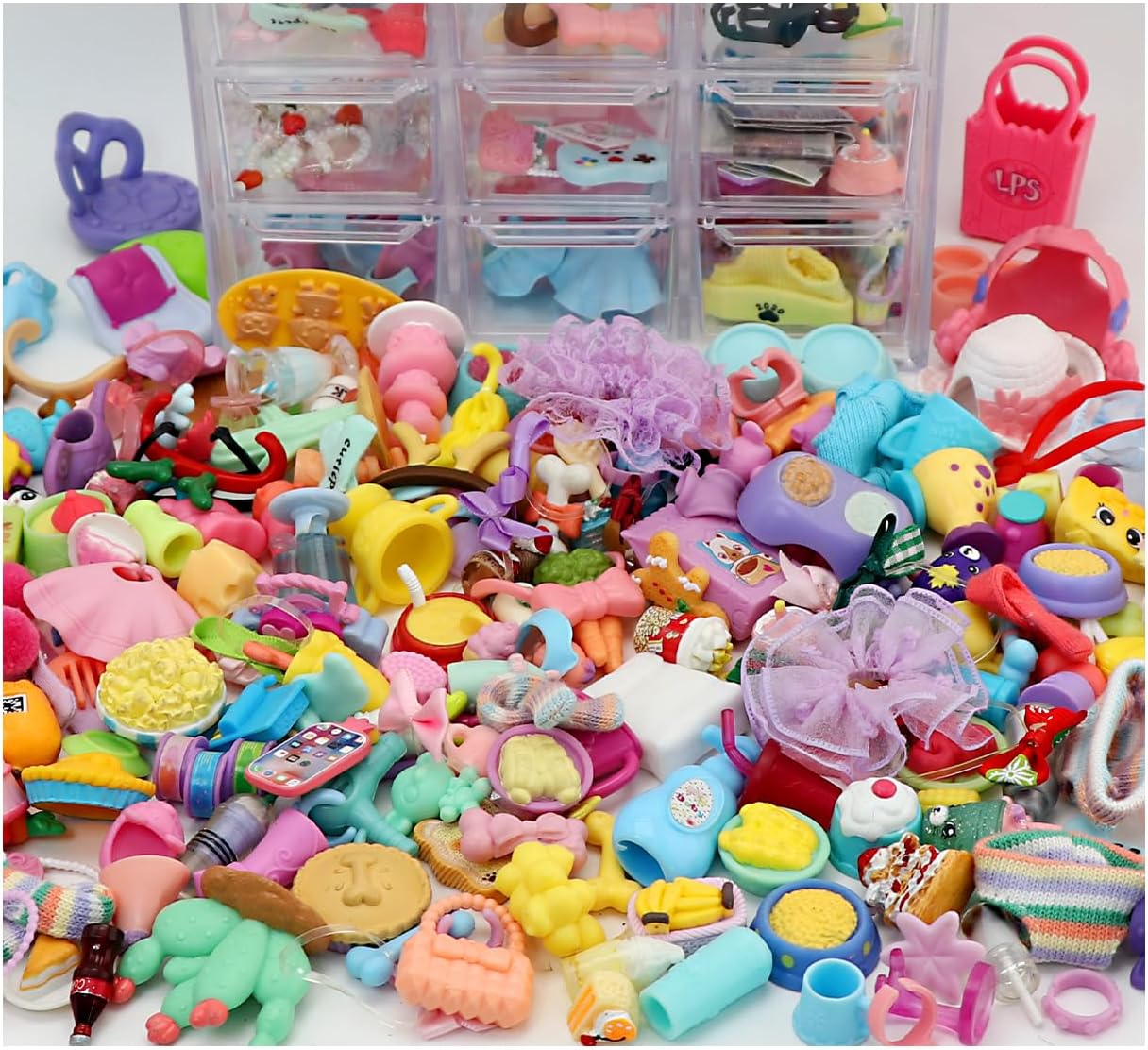 Cute Accessories Compatible with lps Pets, Random 25pcs Hat Scarf Jacket Dress Bow Skirt Clothes Collar Foof and Drink Toy Accessories fit lps Cats and Dogs Pet Figures