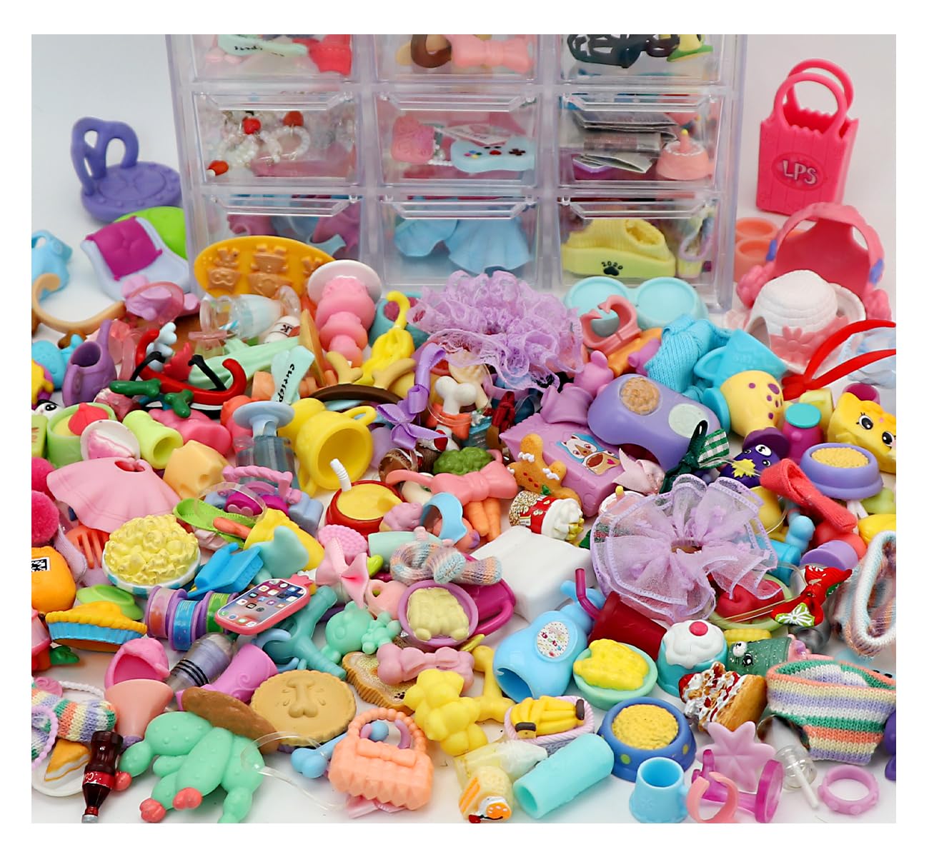 Cute Accessories Compatible with lps Pets, Random 25pcs Hat Scarf Jacket Dress Bow Skirt Clothes Collar Foof and Drink Toy Accessories fit lps Cats and Dogs Pet Figures