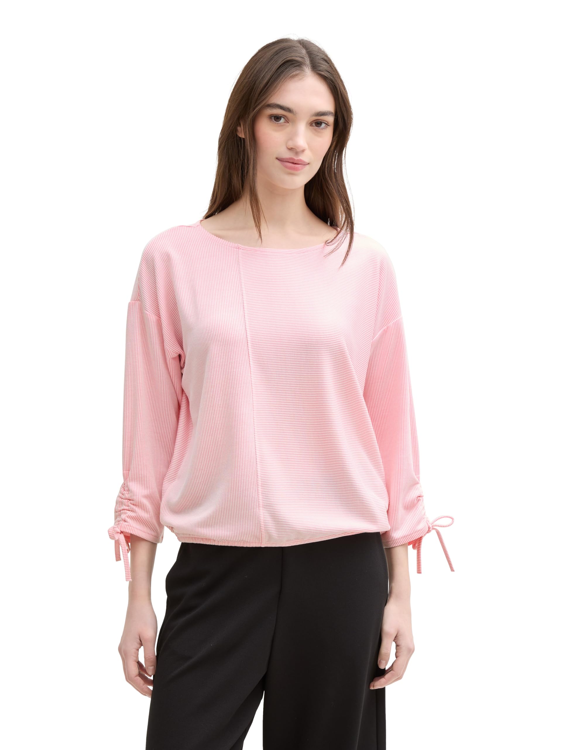 TOM TAILOR Denim Damen Loose Fit Longsleeve mit Streifen & Raffarm