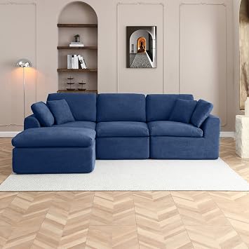 111" Cloud Modular Sectional Sofa, Deep Seat Memory Foam L-Shape Couch with Ottoman, Convertible Modular Sofa Couch for Living Room Apartment, Upholstered Boneless Sectional, No Assembly Blue