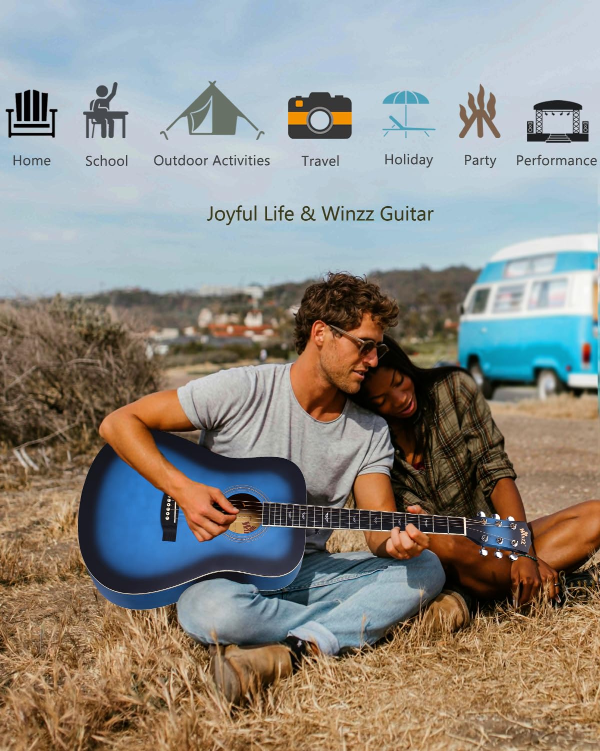 Winzz Akustikgitarren 4/4, Anfänger Gitarren 41 Zoll mit Gitarrentkoffer, Stimmgerät, Gurt, Plektren, Extra Saite und Gitarrenständer (Blau)