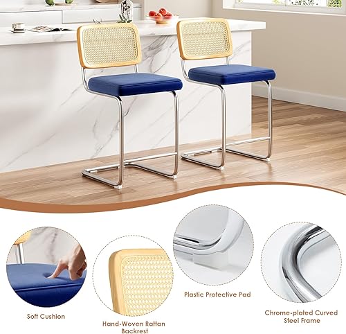 Miniatura 5 de Farini Juego de 2 taburetes de bar de altura de mostrador, taburetes de bar tapizados de terciopelo con respaldo de ratán, taburetes de 24 pulgadas,