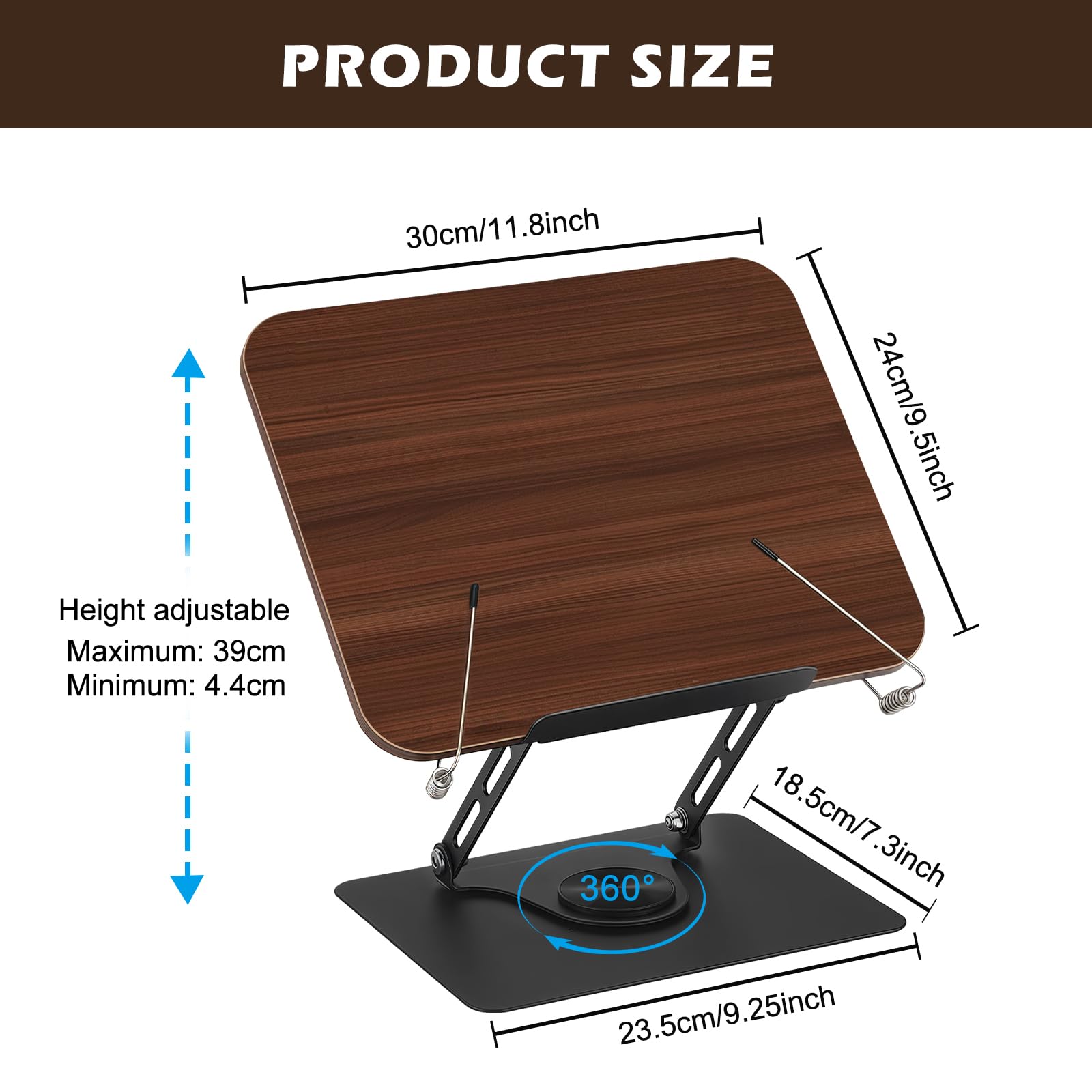 Supporto per libri in legno, regolabile, porta-libri girevole a 360°, supporto da lettura con clip laterale, pieghevole e portatile, elegante supporto per libri in legno per libri di cucina, ricette