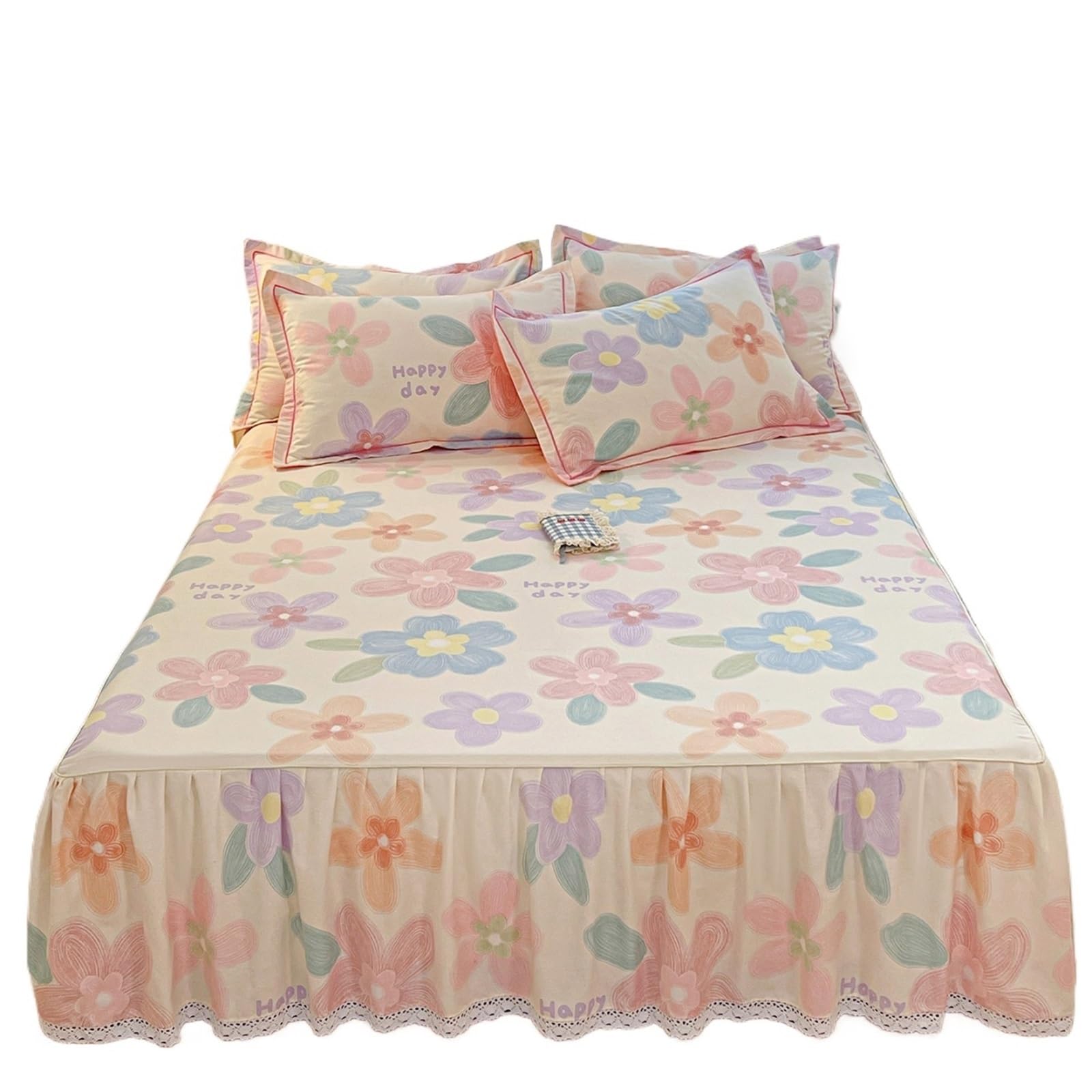 Floral Style Bed Skirt Single/Double/Queen/King Size Cover Bedspread Ruffles Linen(L,SKing 200x220cm 1pc)
