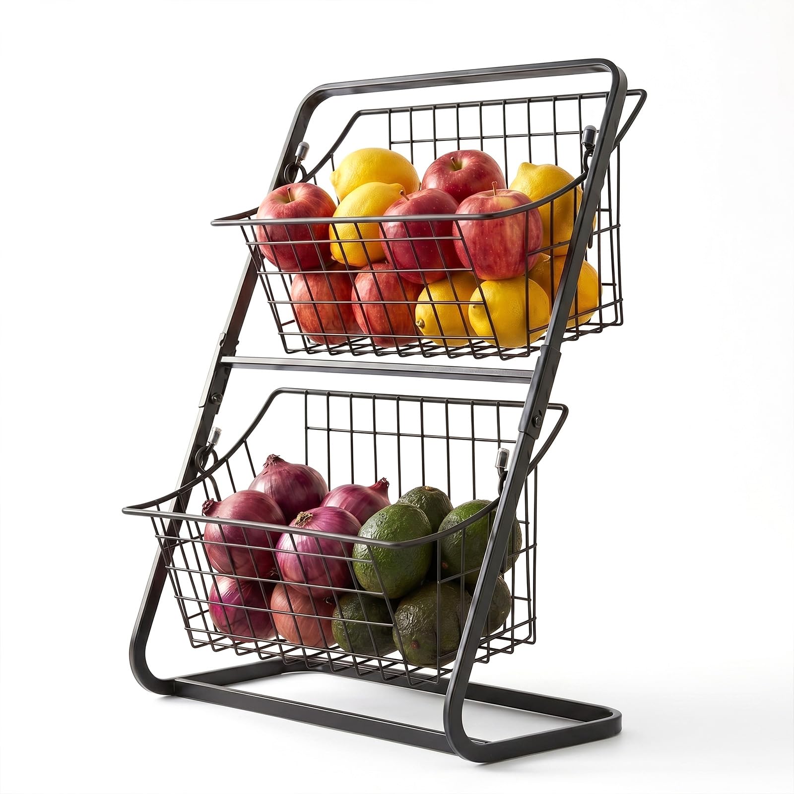 GREENSAPPIRE 2 Tier Metal Fruit Basket for Kitchen Countertop – Fruit & Vegetable Storage Rack, Space Saving Organizer for Bread, Snacks & Produce, 37 × 28 × 15 cm (Black)