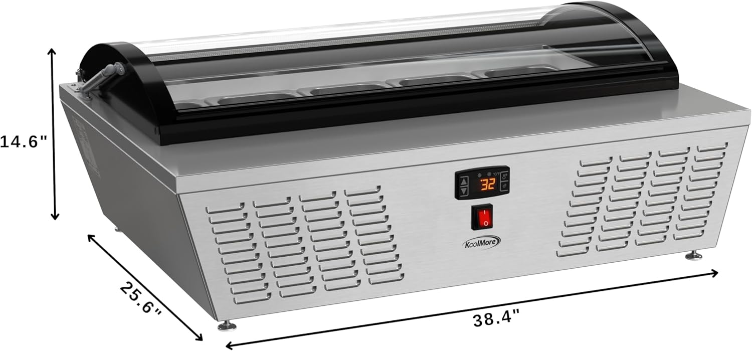 KoolMore KM-CGDR-5P 39 in. 5-Pan Countertop Ice Cream Display Freezer with Curved Glass Top, ETL Listed