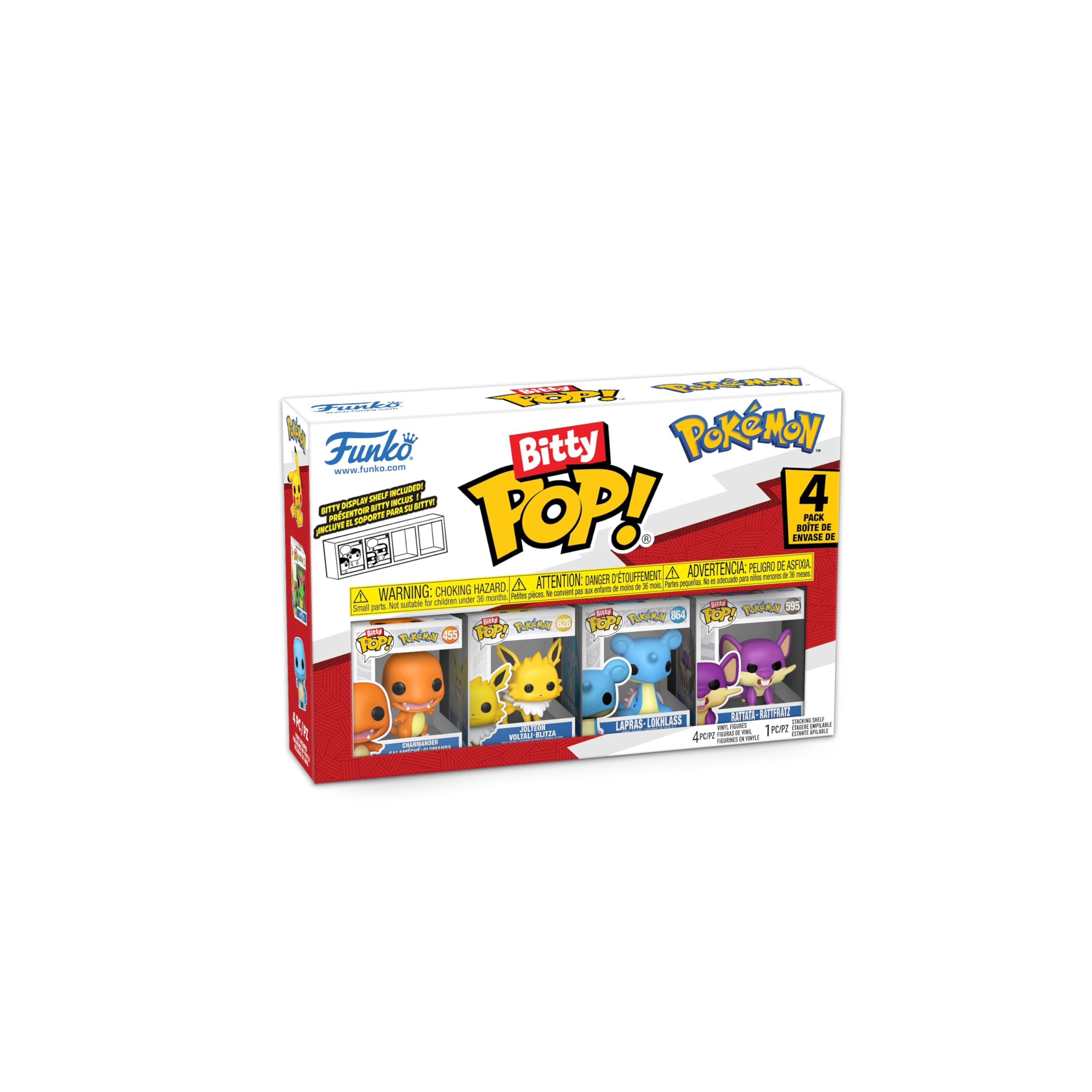 Funko Pop! Bitty: Pokemon - Charmander, Jolteon, Lapras, and Rattata - 0.9 Inch (2.2 Cm) Collectable - Stackable Display Shelf Included - Gift Idea -