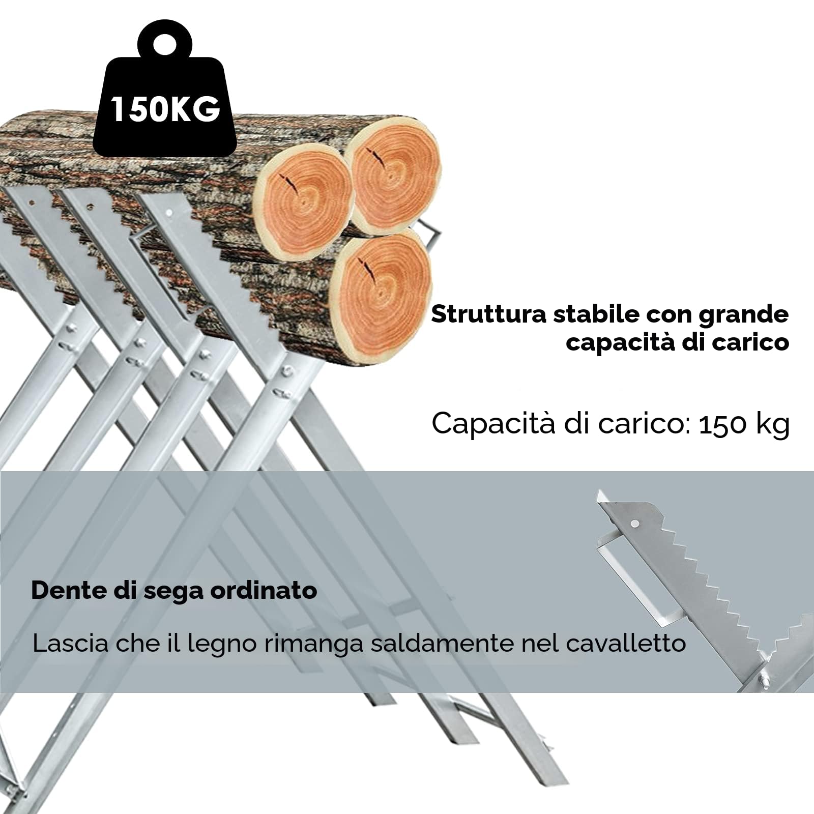 Ikodm Cavalletto per sega, pieghevole con portata di 150 kg, in metallo zincato, per motoseghe o seghe a mano, 81 x 80 x 80 cm, argento