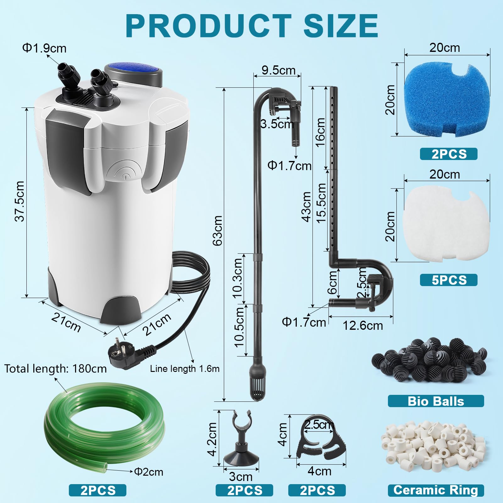 EXLECO Filtre Extérieur Aquarium 1000L/H 18W Pompe Externe D'aquarium Réglable avec Matériau Filtrant, Filtre Bassin Poisson Silencieux avec 3 Étapes de Filtration pour Réservoir Jusqu'à 300 L HW-302