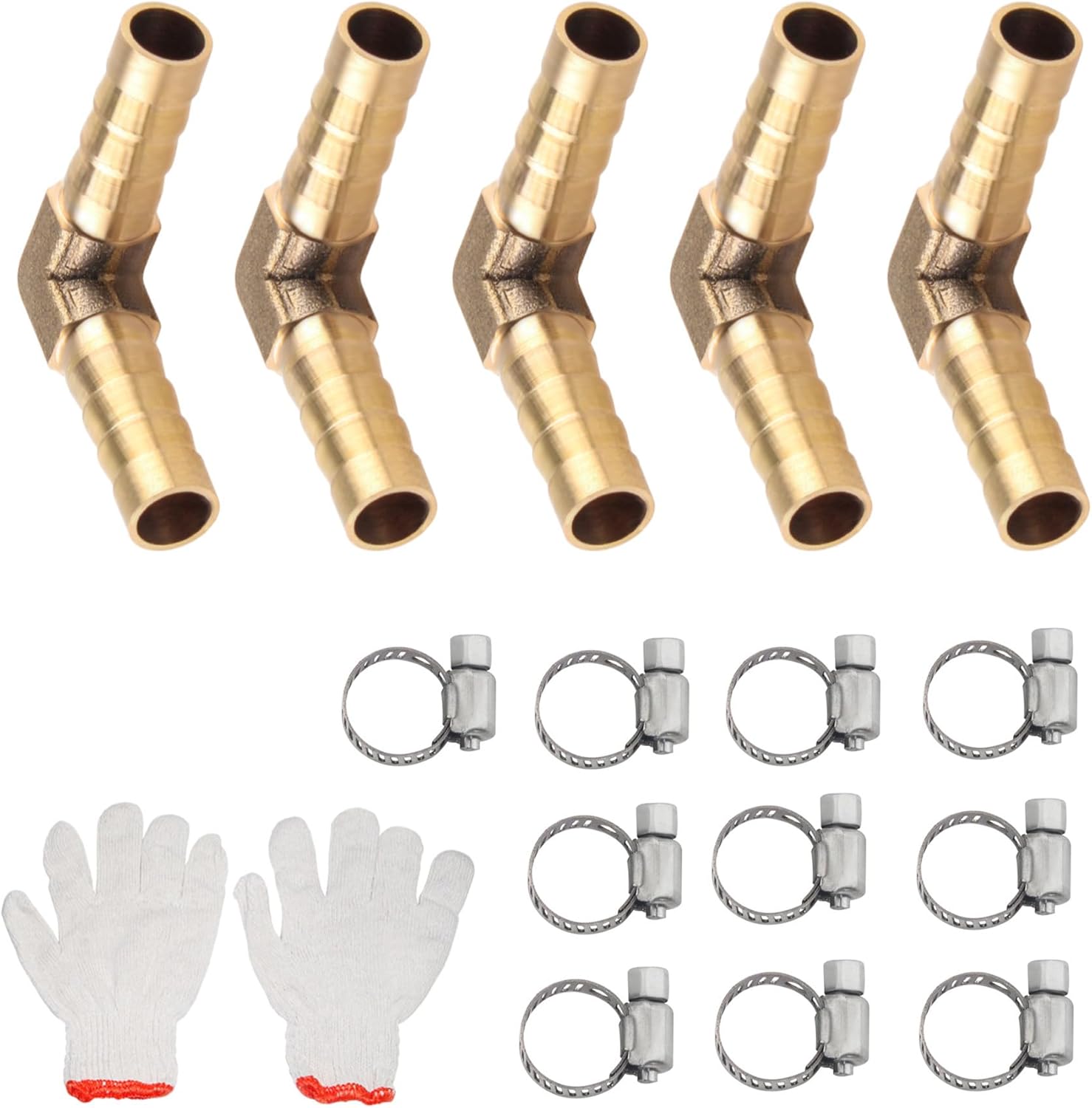 5 PCS Brass 3/4" Hose Barb Elbow 90 Degree L Right Angle Barbed Fitting, with 10 Hose Clamps and 1 pair Gloves, for Water Fuel Air
