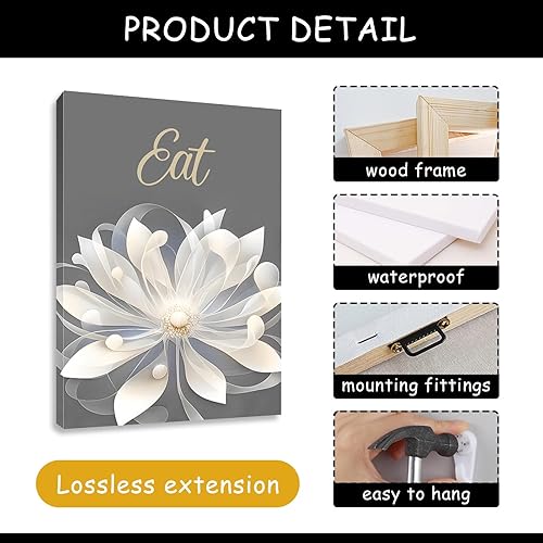 Miniatura 5 de Kewhush Lienzo decorativo para la pared, impresiones en lienzo floral blanco, decoración de pared de cocina con flores, arte de pared para comer