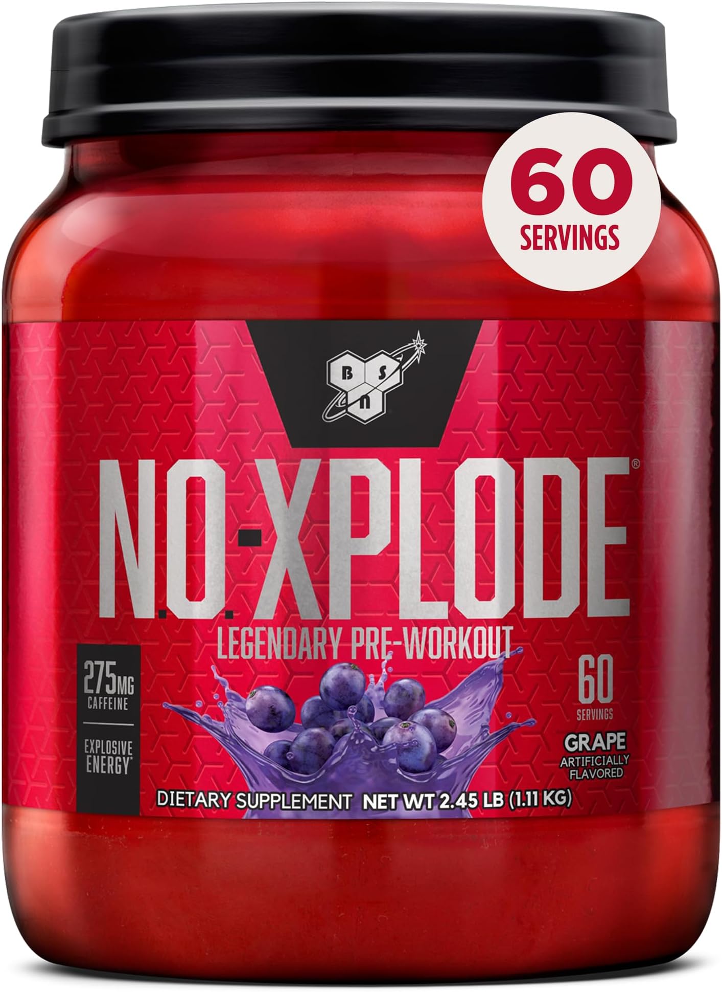 BSN N.O.-XPLODE Pre Workout Powder, Energy Supplement for Men and Women with Creatine and Beta-Alanine, Flavor: Grape, 60 Servings