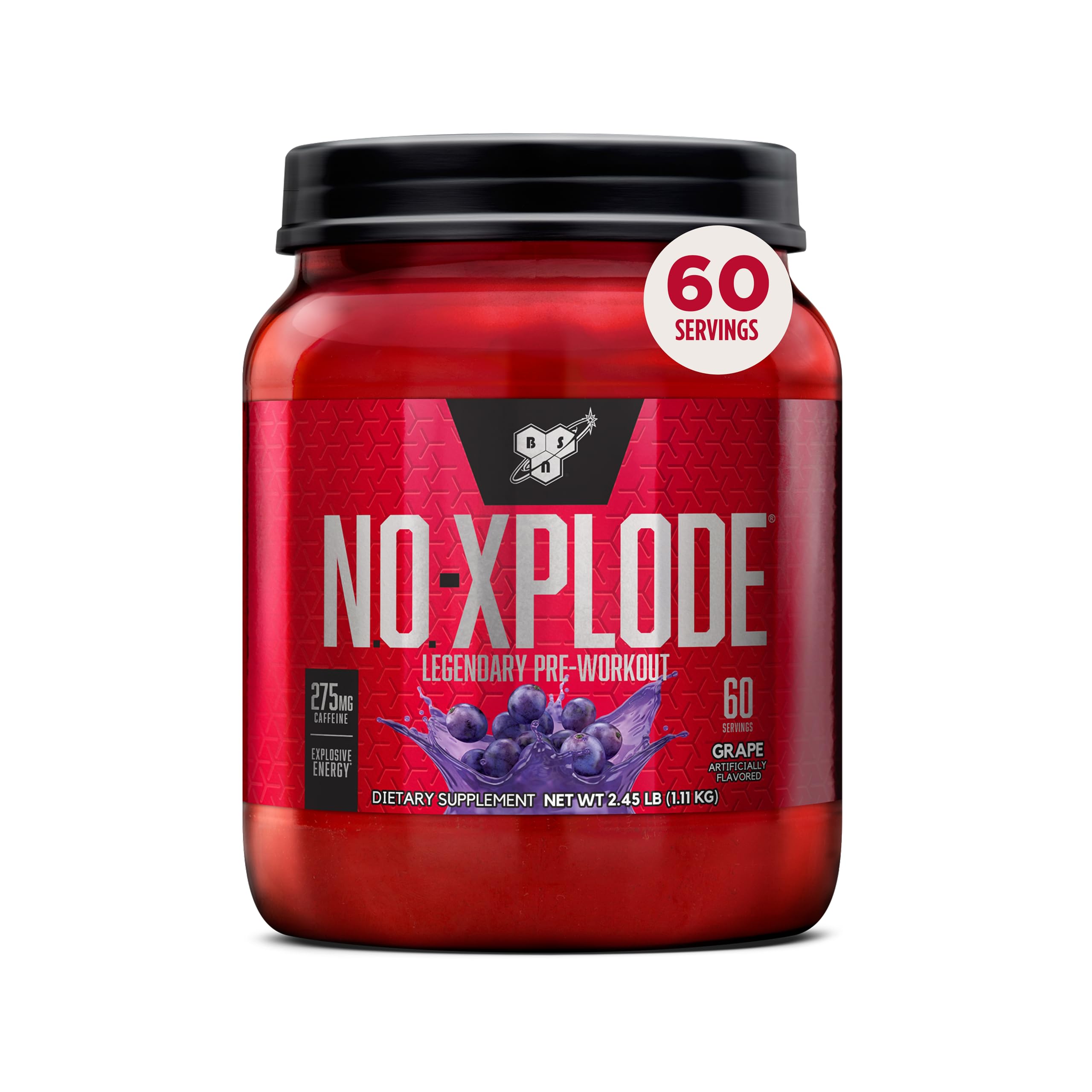 BSN N.O.-XPLODE Pre Workout Powder, Energy Supplement for Men and Women with Creatine and Beta-Alanine, Flavor: Grape, 60 Servings