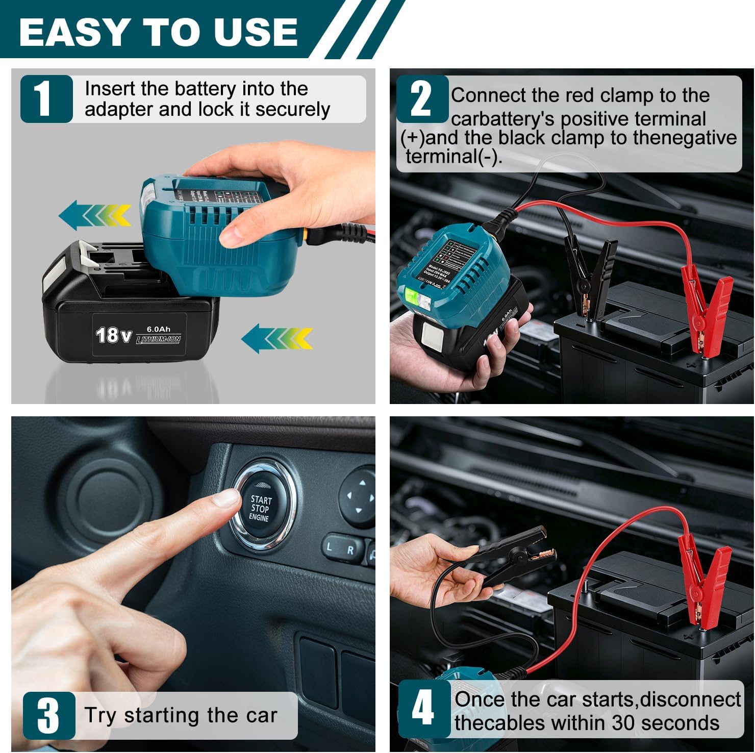 Choerinton Car Jumper Starters Adapter for Makita 18V Battery, Automotive Battery Booster with 13.5V Jumper Cable Clamps, Emergency Car Jumper Starter(Battery Not Included)